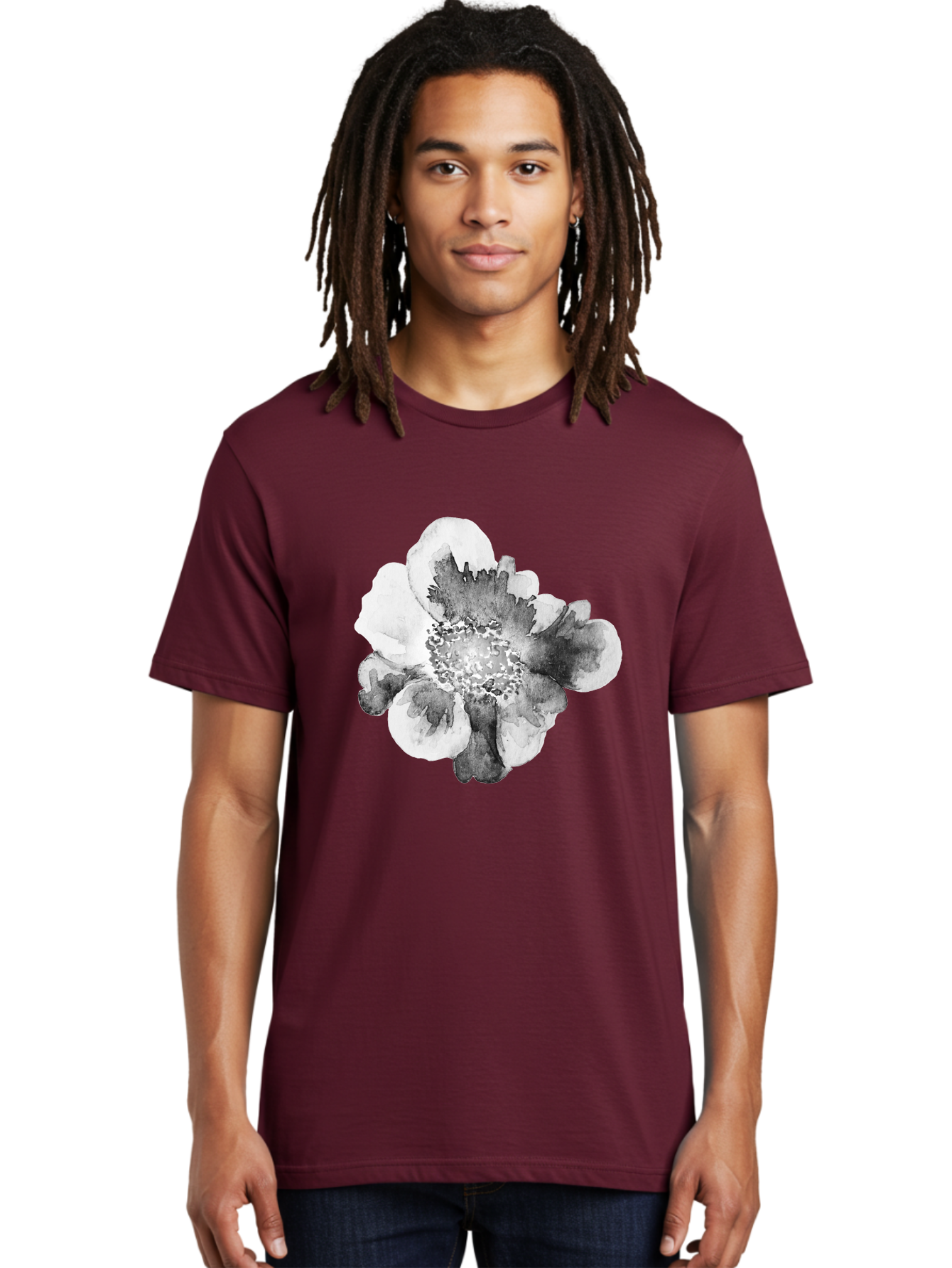 Watercolor-Flower Men'S Graphic Tee, 100% Cotton, Comfortable Casual Summer Wear, Machine Washable, Watercolor Flower, Black And White Petals, Delicate Artwork, Floral Design, Artistic Expression, Elegant Simplicity, Minimalist Style, Aac361