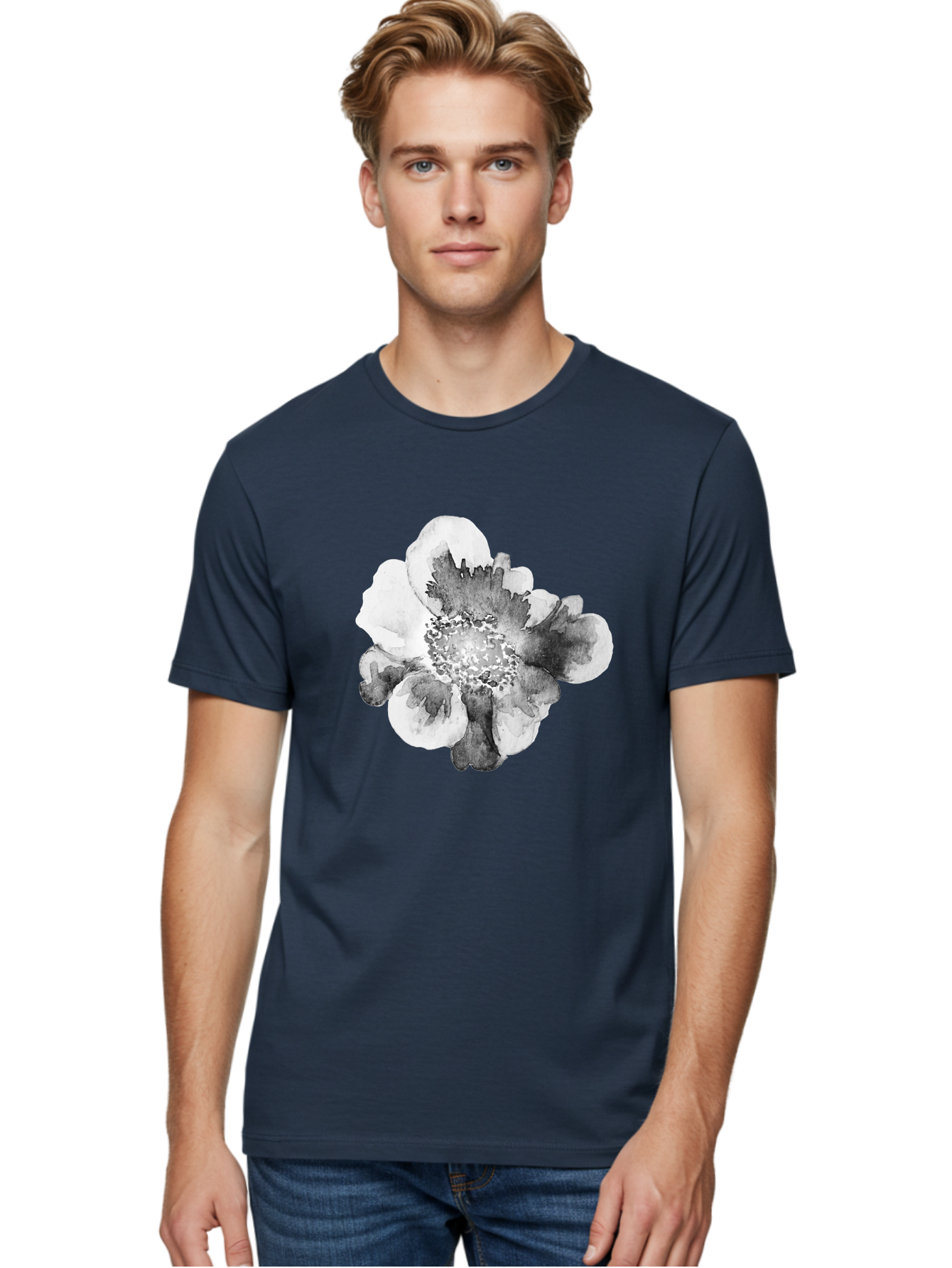Watercolor-Flower Men'S Graphic Tee, 100% Cotton, Comfortable Casual Summer Wear, Machine Washable, Watercolor Flower, Black And White Petals, Delicate Artwork, Floral Design, Artistic Expression, Elegant Simplicity, Minimalist Style, Aac361