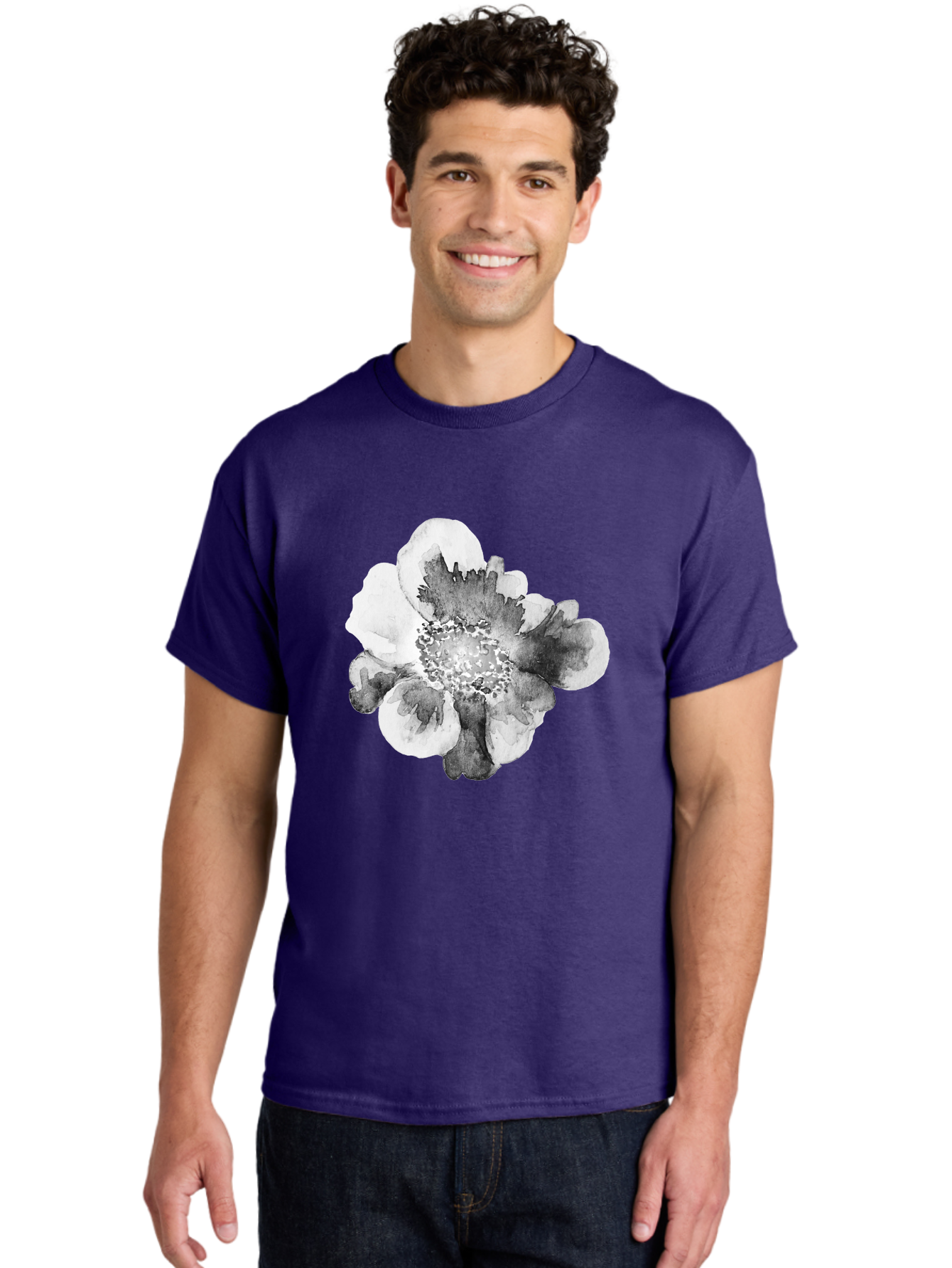 Watercolor-Flower Men'S Graphic Tee, 100% Cotton, Comfortable Casual Summer Wear, Machine Washable, Watercolor Flower, Black And White Petals, Delicate Artwork, Floral Design, Artistic Expression, Elegant Simplicity, Minimalist Style, Aac361