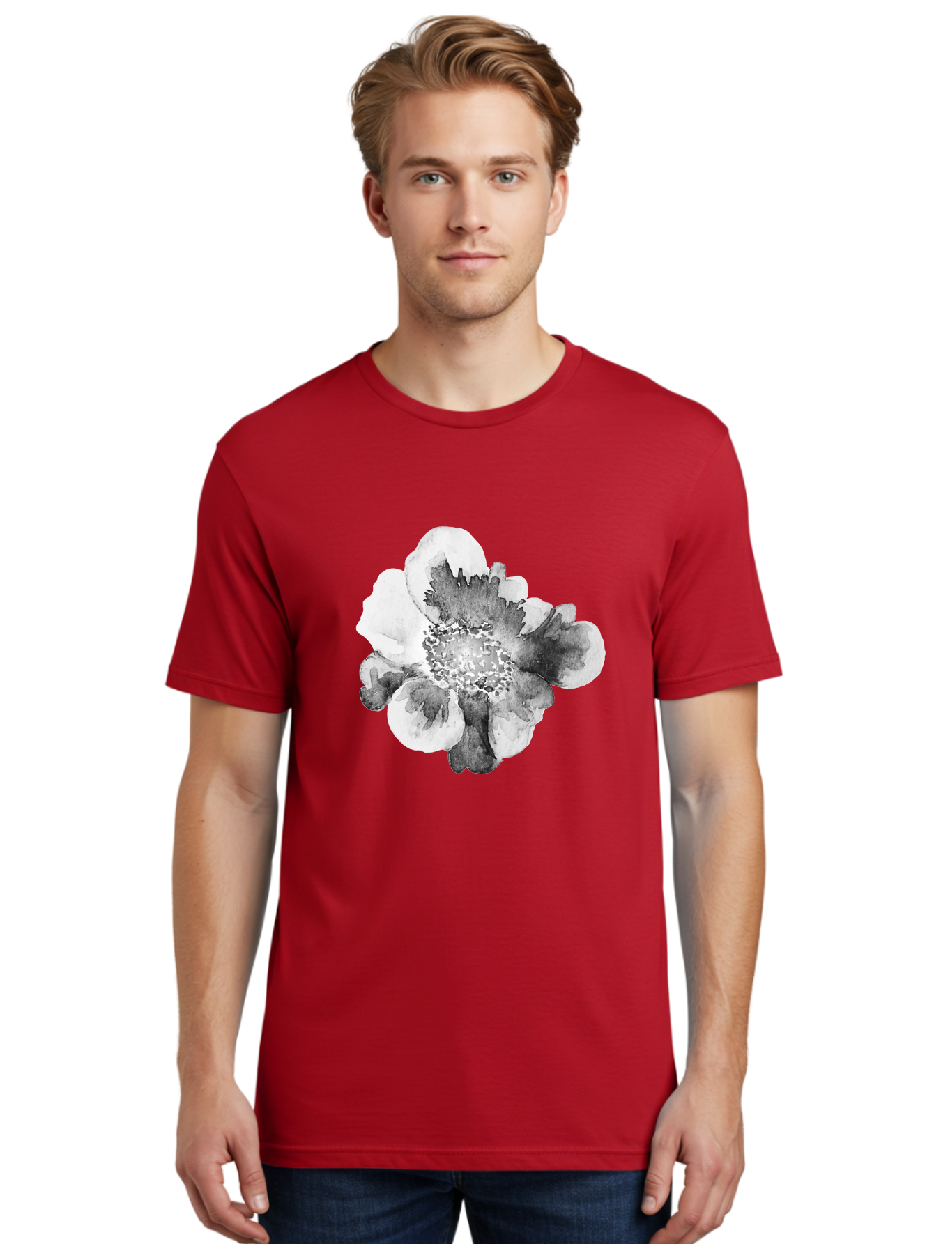 Watercolor-Flower Men'S Graphic Tee, 100% Cotton, Comfortable Casual Summer Wear, Machine Washable, Watercolor Flower, Black And White Petals, Delicate Artwork, Floral Design, Artistic Expression, Elegant Simplicity, Minimalist Style, Aac361