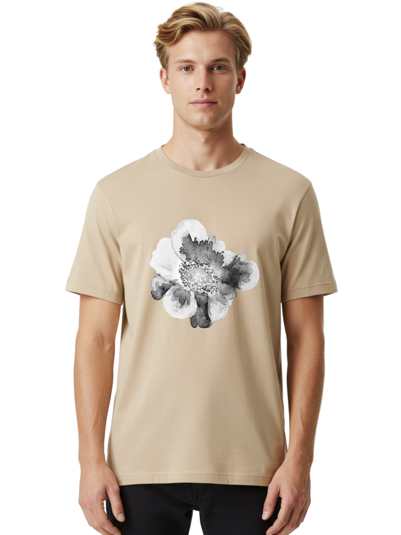 Watercolor-Flower Men'S Graphic Tee, 100% Cotton, Comfortable Casual Summer Wear, Machine Washable, Watercolor Flower, Black And White Petals, Delicate Artwork, Floral Design, Artistic Expression, Elegant Simplicity, Minimalist Style, Aac361