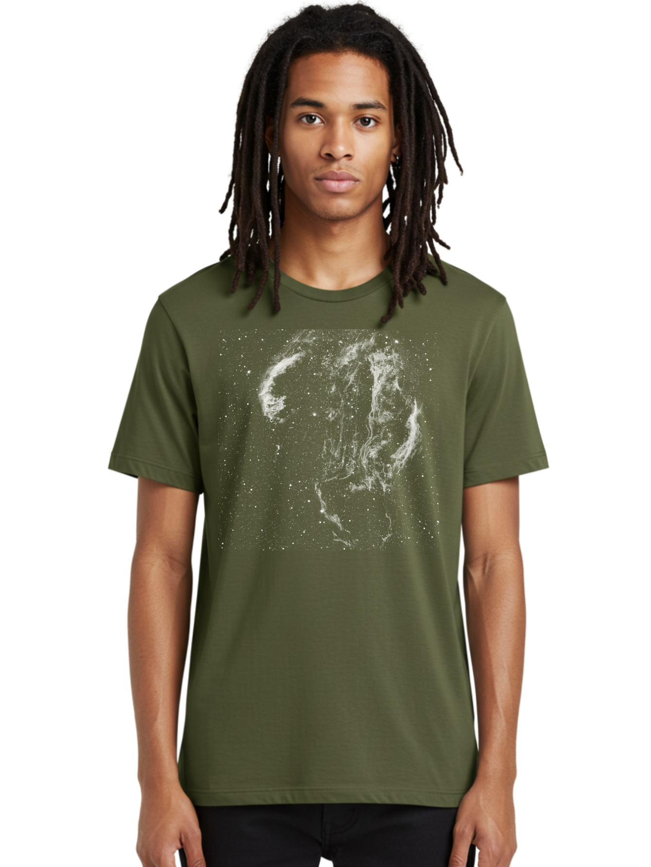 White-Smoke-On-Green Men'S Graphic Tee, 100% Cotton, Comfortable Casual Summer Wear, Machine Washable, Smoke Or Dust Cloud, Abstract Design, White Particles, Dynamic Movement, Textured Effect, Artistic Visualization, Creative Element Aac363