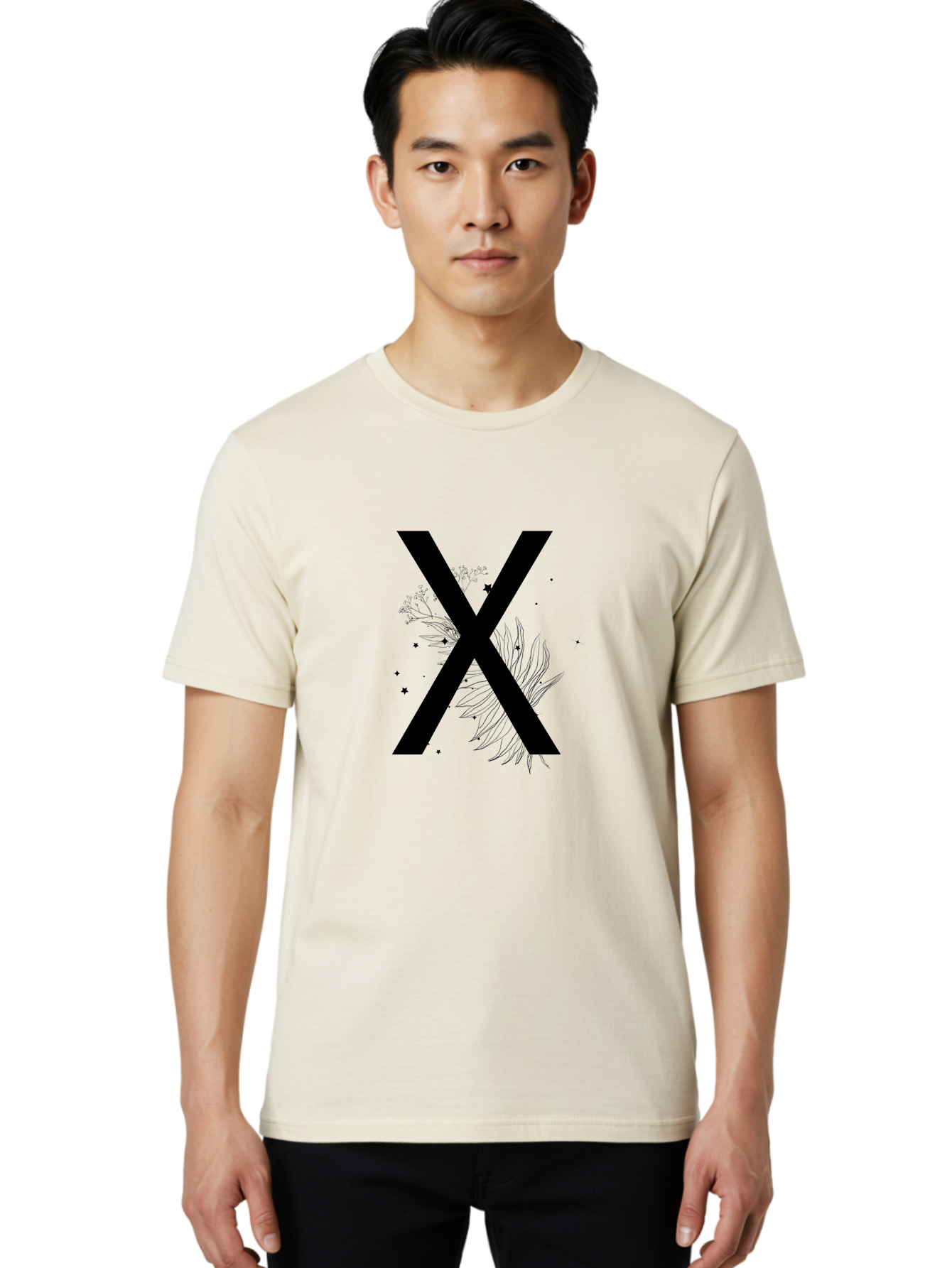 X Men'S Graphic Tee, 100% Cotton, Comfortable Casual Summer Wear, Machine Washable, Bold X Symbol, Floral Design, Black Ink Splatter, Creative Typography, Modern Art, Decorative Lettering, Abstract Illustration Aac365