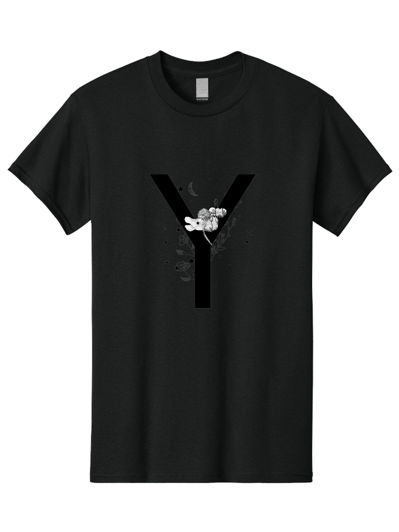 Y Men'S Graphic Tee, 100% Cotton, Comfortable Casual Summer Wear, Machine Washable, Letter Y, Floral Design, Black And White, Mystical Vibes, Celestial Theme, Flowers, Stars, Moon, Elegant Typography, Symbolic Art Aac366