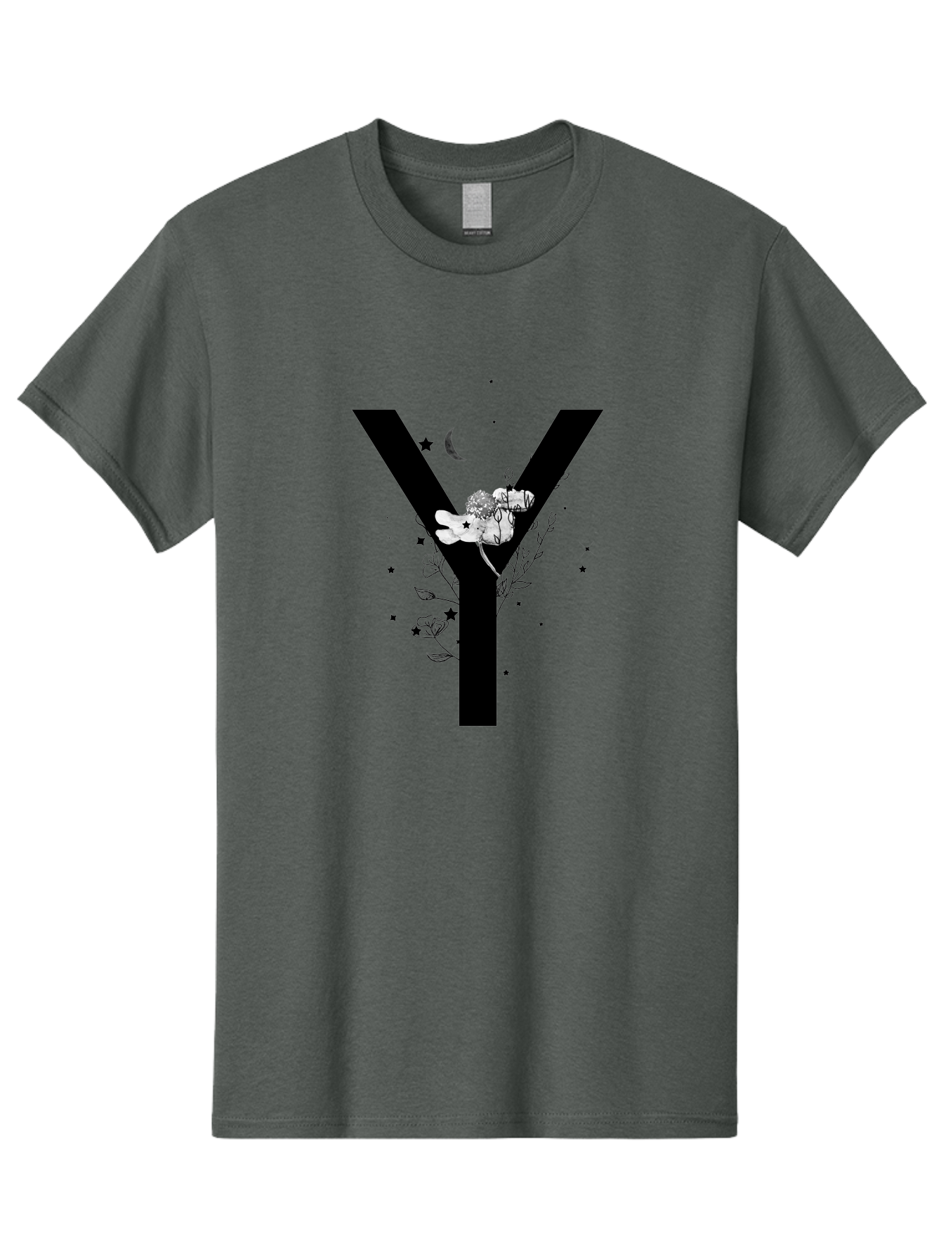 Y Men'S Graphic Tee, 100% Cotton, Comfortable Casual Summer Wear, Machine Washable, Letter Y, Floral Design, Black And White, Mystical Vibes, Celestial Theme, Flowers, Stars, Moon, Elegant Typography, Symbolic Art Aac366