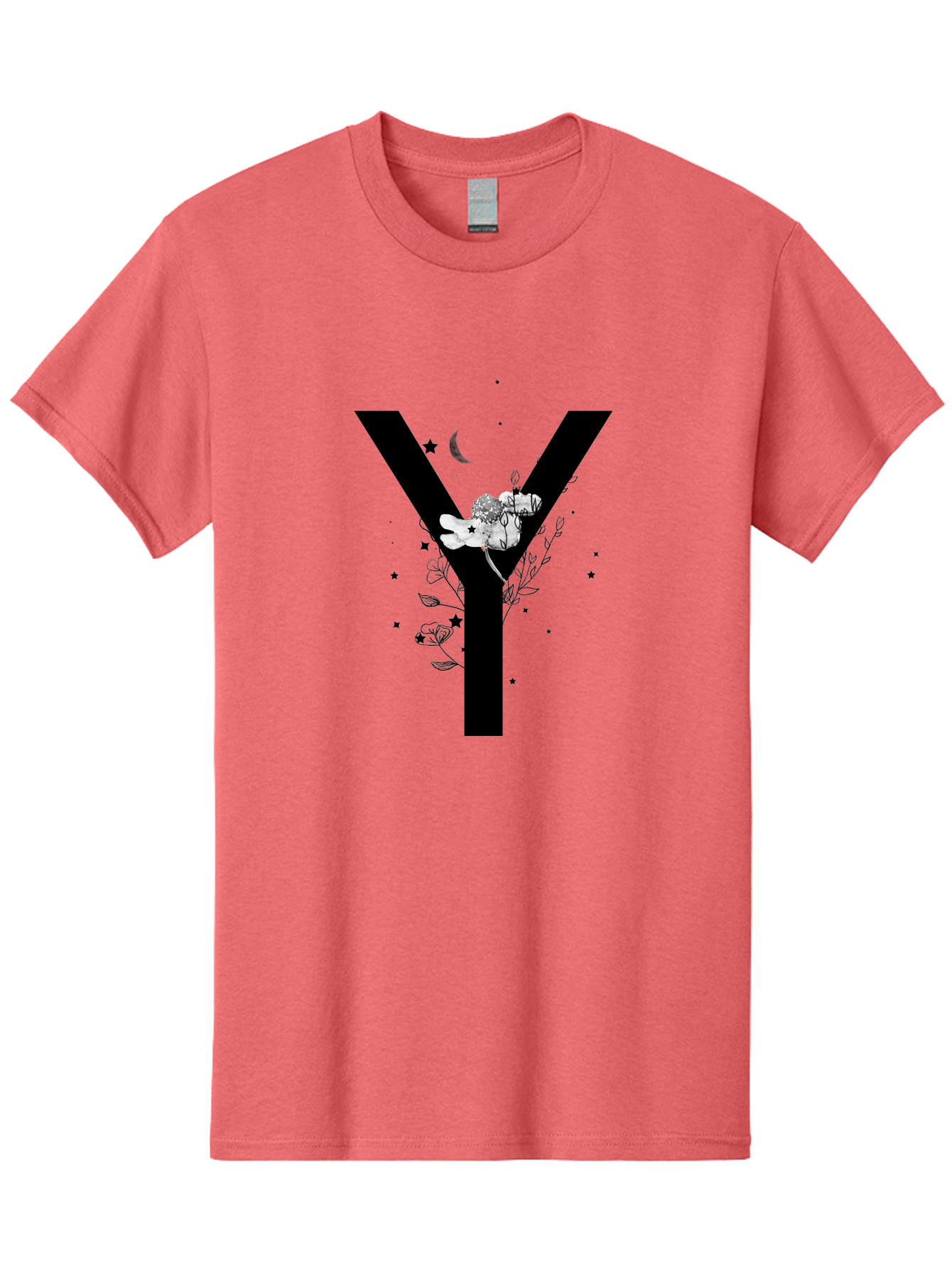 Y Men'S Graphic Tee, 100% Cotton, Comfortable Casual Summer Wear, Machine Washable, Letter Y, Floral Design, Black And White, Mystical Vibes, Celestial Theme, Flowers, Stars, Moon, Elegant Typography, Symbolic Art Aac366