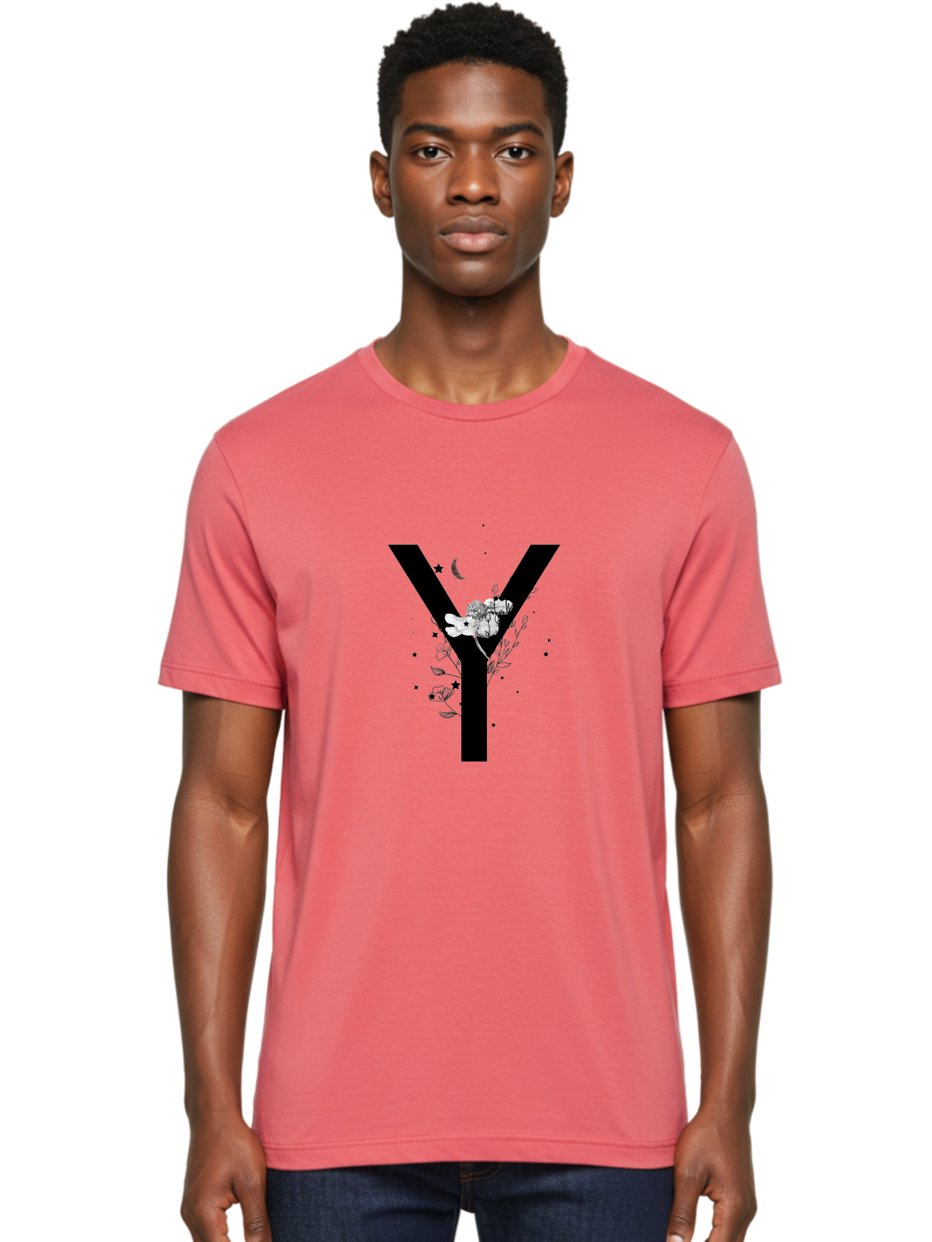 Y Men'S Graphic Tee, 100% Cotton, Comfortable Casual Summer Wear, Machine Washable, Letter Y, Floral Design, Black And White, Mystical Vibes, Celestial Theme, Flowers, Stars, Moon, Elegant Typography, Symbolic Art Aac366