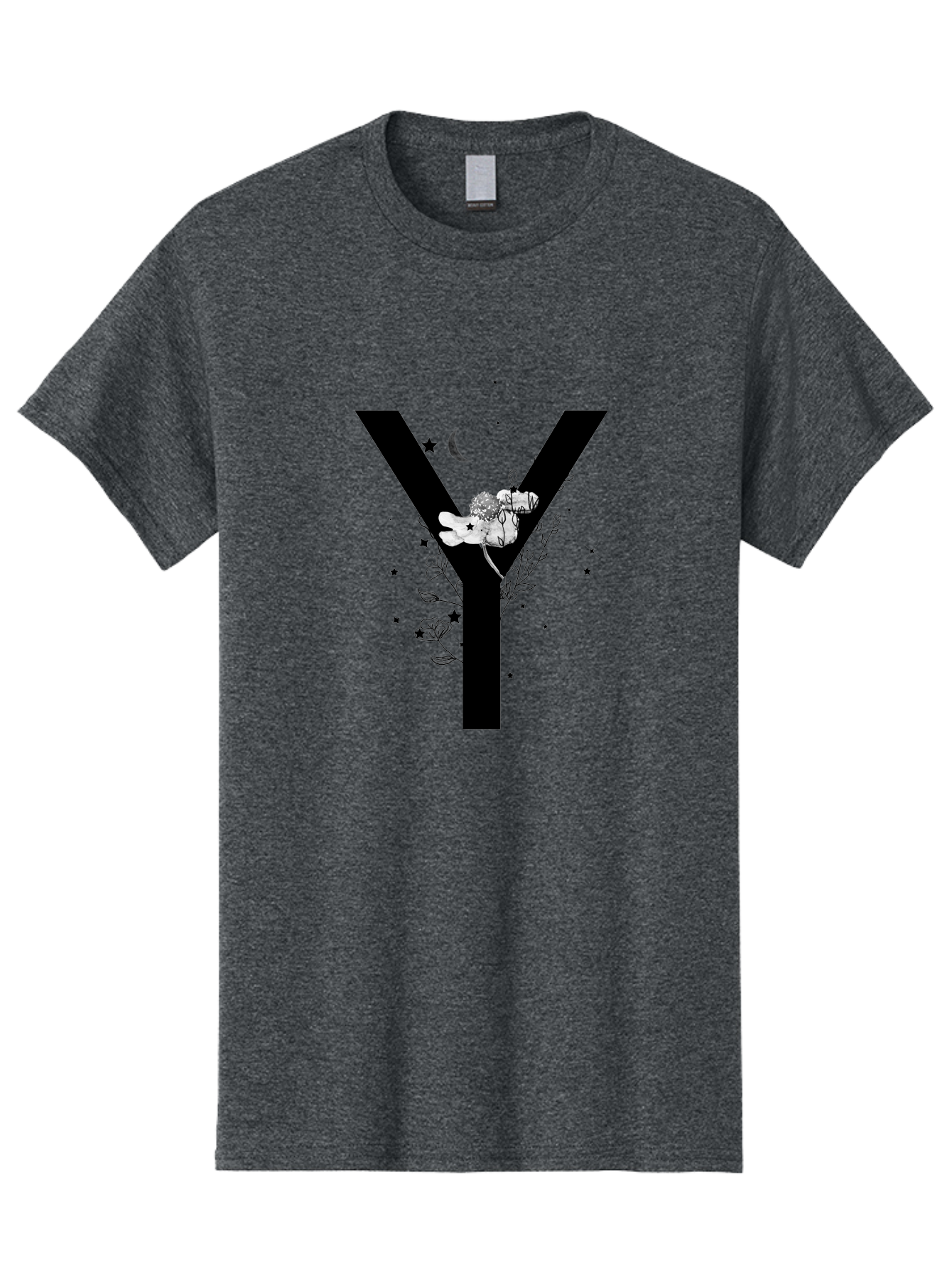 Y Men'S Graphic Tee, 100% Cotton, Comfortable Casual Summer Wear, Machine Washable, Letter Y, Floral Design, Black And White, Mystical Vibes, Celestial Theme, Flowers, Stars, Moon, Elegant Typography, Symbolic Art Aac366