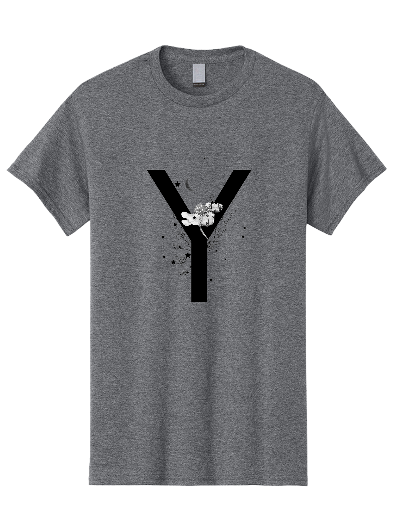 Y Men'S Graphic Tee, 100% Cotton, Comfortable Casual Summer Wear, Machine Washable, Letter Y, Floral Design, Black And White, Mystical Vibes, Celestial Theme, Flowers, Stars, Moon, Elegant Typography, Symbolic Art Aac366