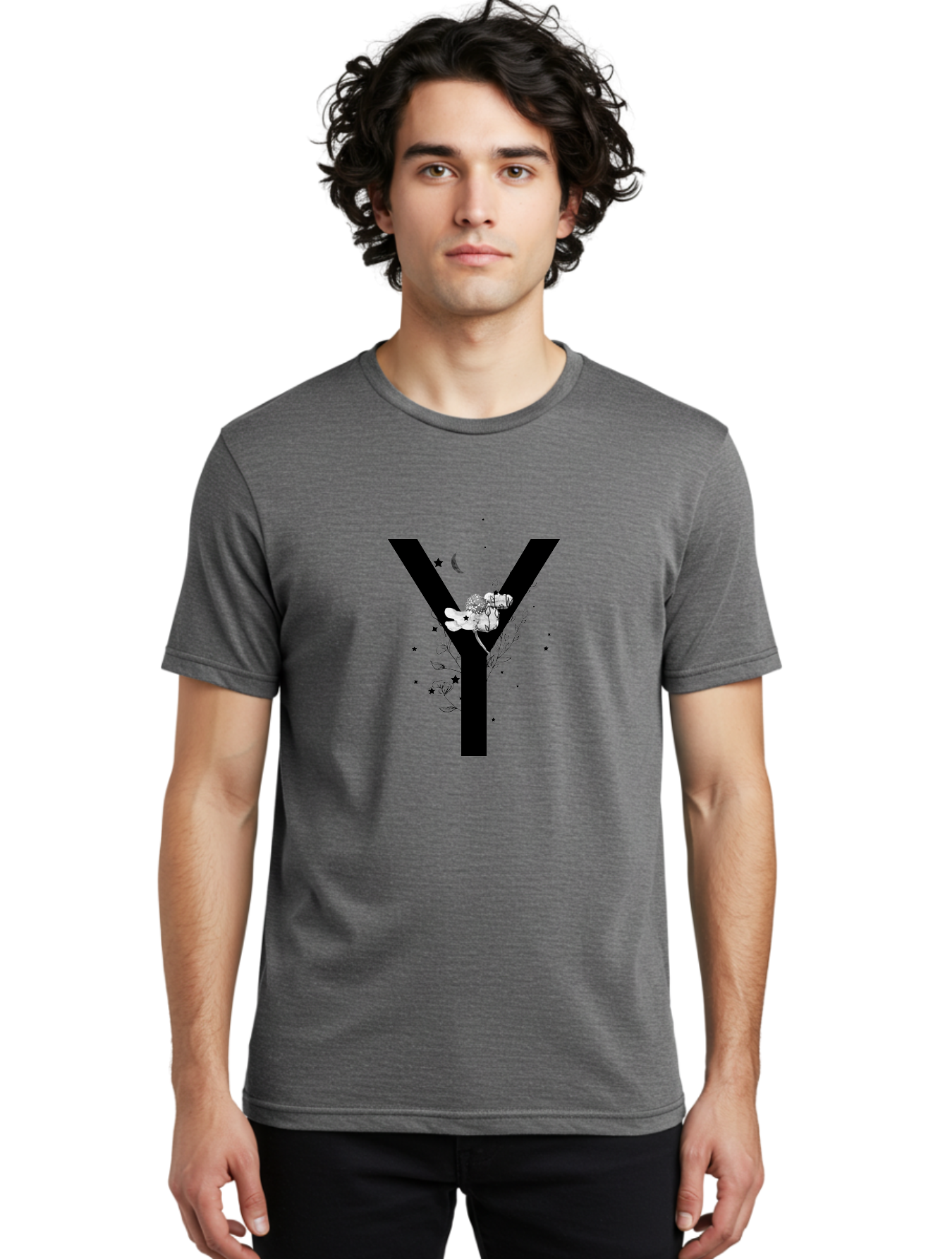 Y Men'S Graphic Tee, 100% Cotton, Comfortable Casual Summer Wear, Machine Washable, Letter Y, Floral Design, Black And White, Mystical Vibes, Celestial Theme, Flowers, Stars, Moon, Elegant Typography, Symbolic Art Aac366