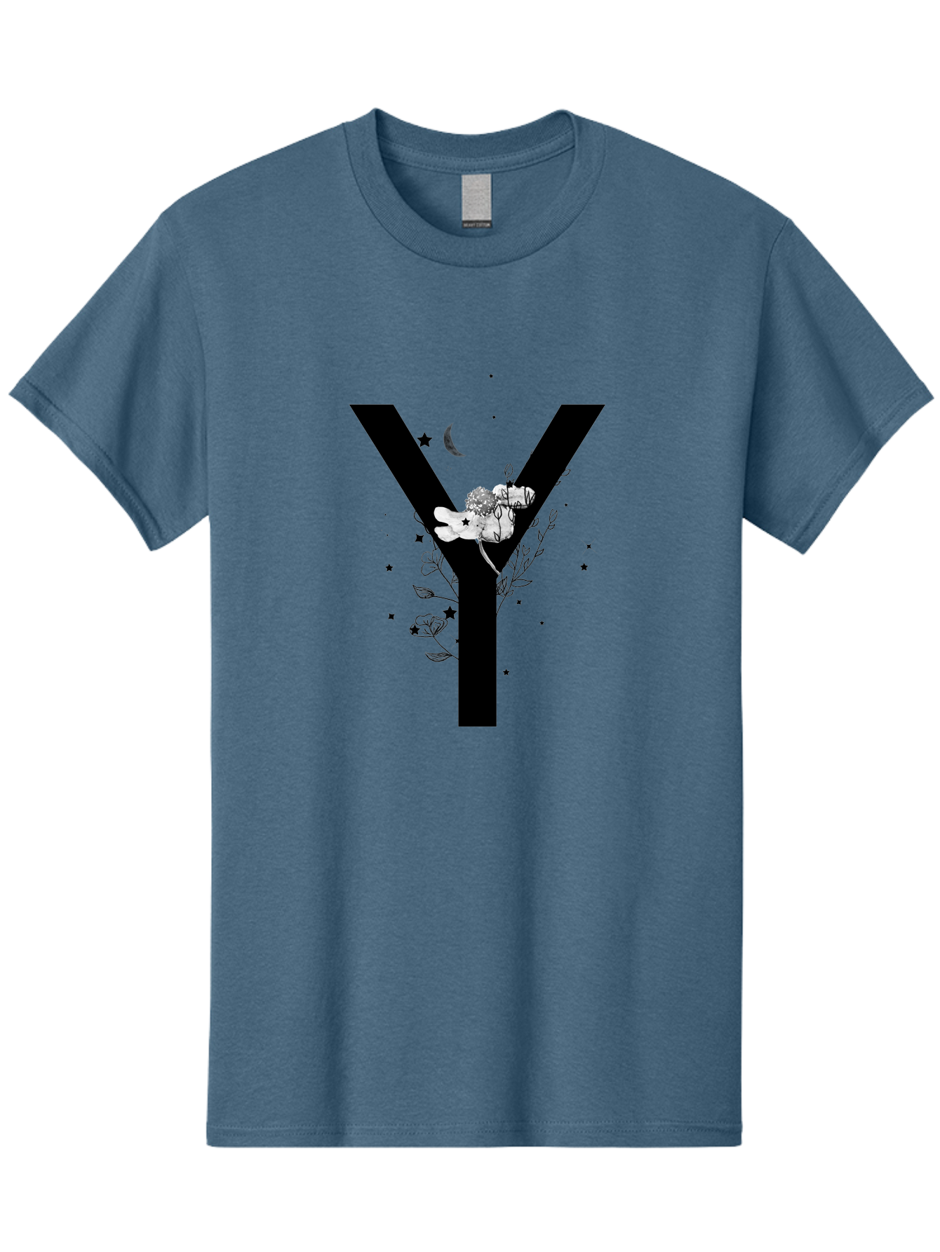 Y Men'S Graphic Tee, 100% Cotton, Comfortable Casual Summer Wear, Machine Washable, Letter Y, Floral Design, Black And White, Mystical Vibes, Celestial Theme, Flowers, Stars, Moon, Elegant Typography, Symbolic Art Aac366
