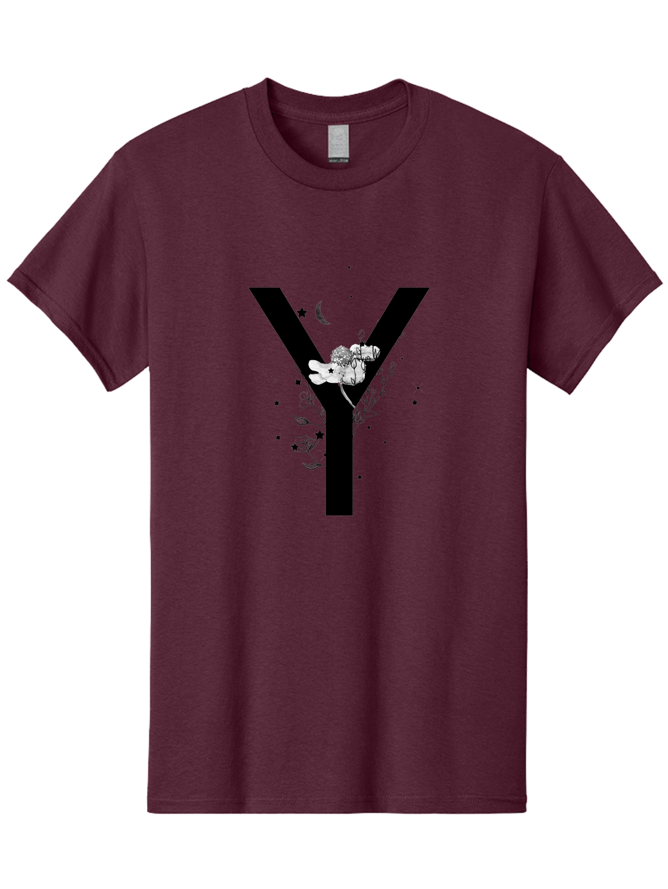 Y Men'S Graphic Tee, 100% Cotton, Comfortable Casual Summer Wear, Machine Washable, Letter Y, Floral Design, Black And White, Mystical Vibes, Celestial Theme, Flowers, Stars, Moon, Elegant Typography, Symbolic Art Aac366