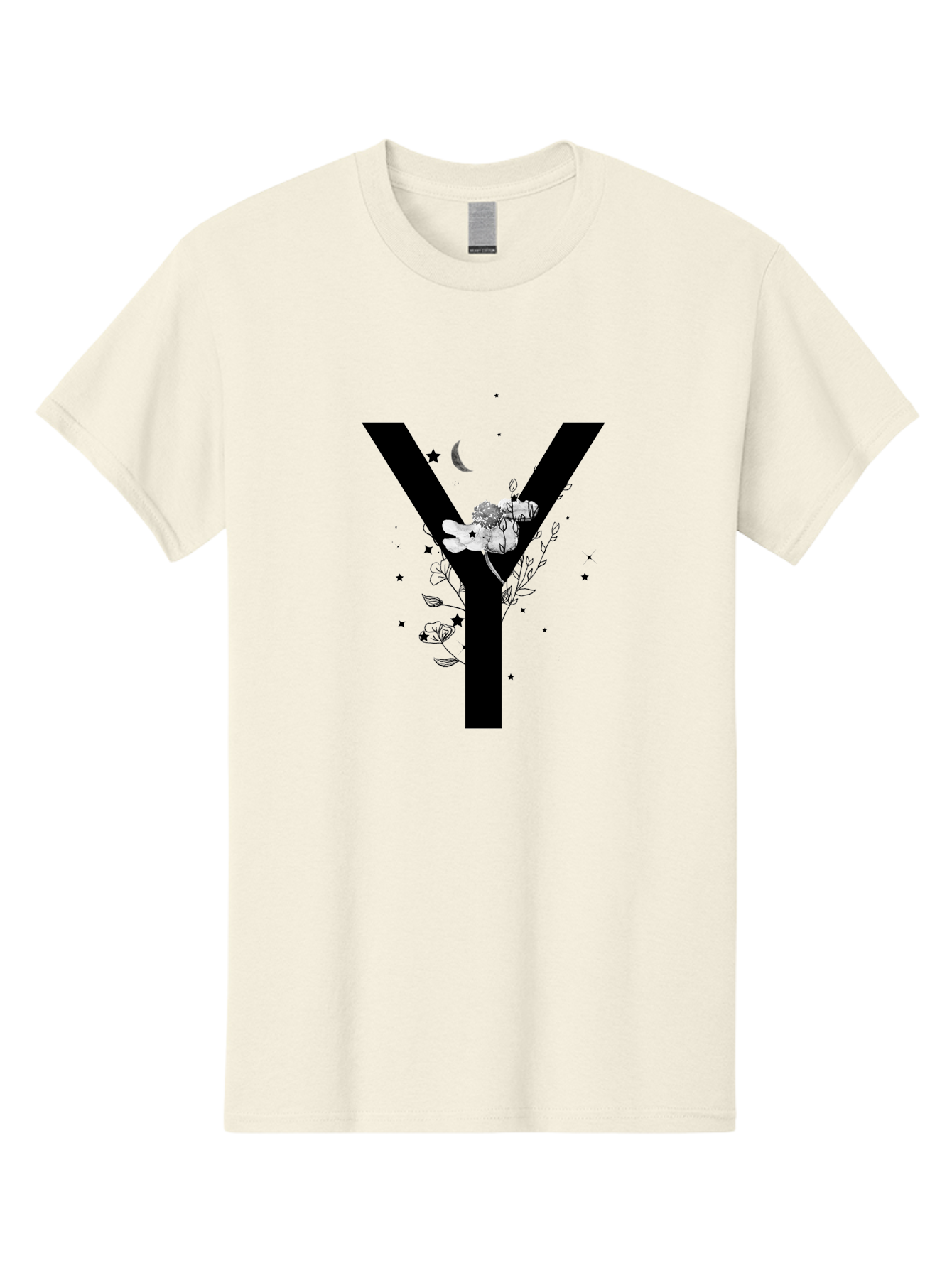 Y Men'S Graphic Tee, 100% Cotton, Comfortable Casual Summer Wear, Machine Washable, Letter Y, Floral Design, Black And White, Mystical Vibes, Celestial Theme, Flowers, Stars, Moon, Elegant Typography, Symbolic Art Aac366