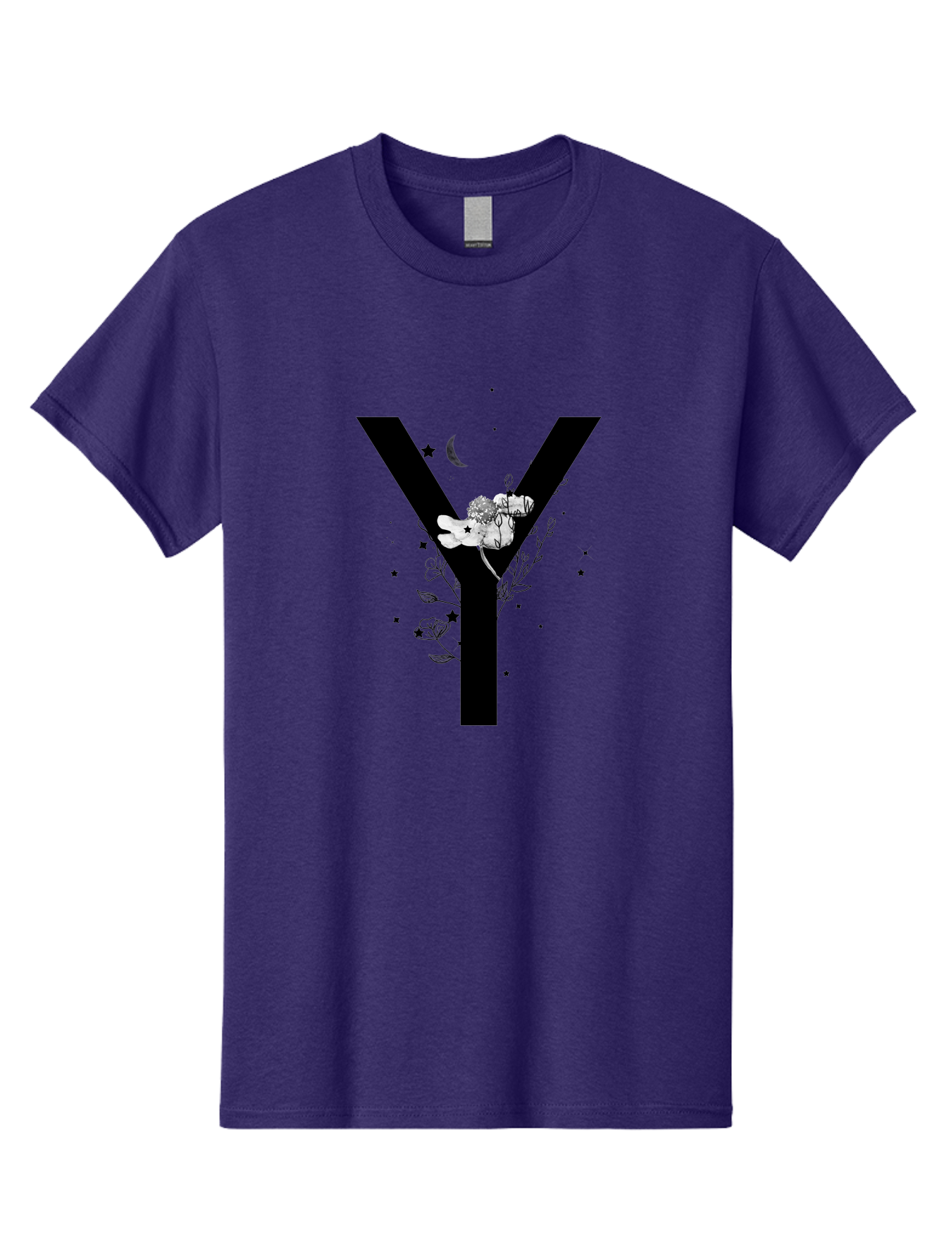 Y Men'S Graphic Tee, 100% Cotton, Comfortable Casual Summer Wear, Machine Washable, Letter Y, Floral Design, Black And White, Mystical Vibes, Celestial Theme, Flowers, Stars, Moon, Elegant Typography, Symbolic Art Aac366