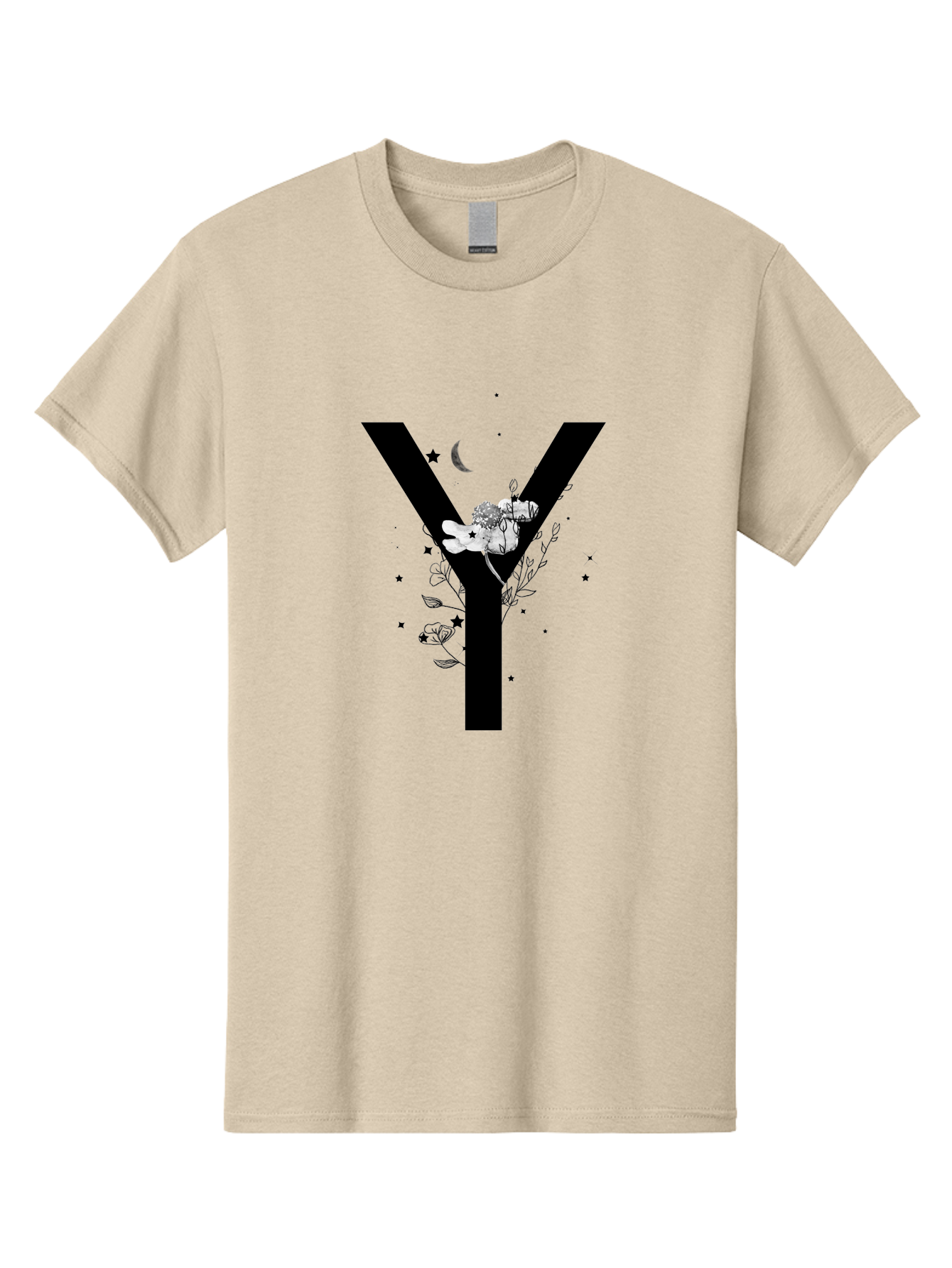 Y Men'S Graphic Tee, 100% Cotton, Comfortable Casual Summer Wear, Machine Washable, Letter Y, Floral Design, Black And White, Mystical Vibes, Celestial Theme, Flowers, Stars, Moon, Elegant Typography, Symbolic Art Aac366