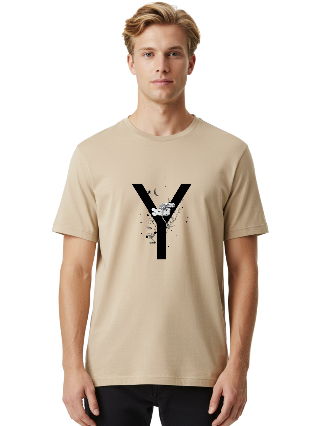 Y Men'S Graphic Tee, 100% Cotton, Comfortable Casual Summer Wear, Machine Washable, Letter Y, Floral Design, Black And White, Mystical Vibes, Celestial Theme, Flowers, Stars, Moon, Elegant Typography, Symbolic Art Aac366