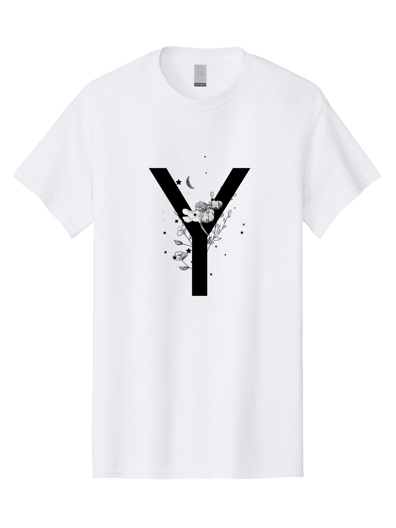 Y Men'S Graphic Tee, 100% Cotton, Comfortable Casual Summer Wear, Machine Washable, Letter Y, Floral Design, Black And White, Mystical Vibes, Celestial Theme, Flowers, Stars, Moon, Elegant Typography, Symbolic Art Aac366