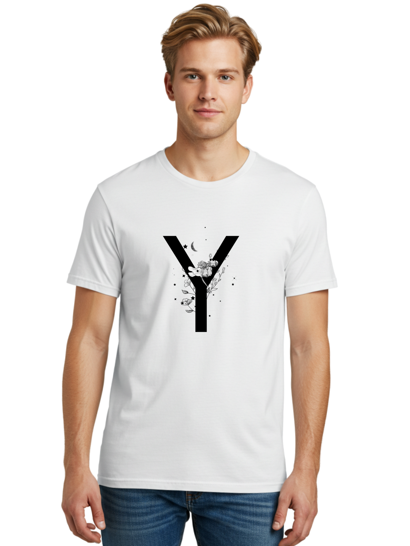 Y Men'S Graphic Tee, 100% Cotton, Comfortable Casual Summer Wear, Machine Washable, Letter Y, Floral Design, Black And White, Mystical Vibes, Celestial Theme, Flowers, Stars, Moon, Elegant Typography, Symbolic Art Aac366