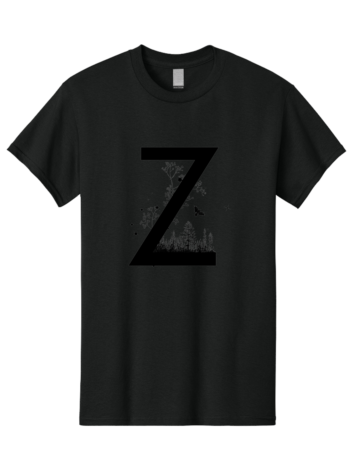 Z Men'S Graphic Tee, 100% Cotton, Comfortable Casual Summer Wear, Machine Washable, Black Letter Z, Forest Silhouettes, Flying Butterfly, Floral Elements, Stars, Nature-Inspired Design, Typography Art Aac367