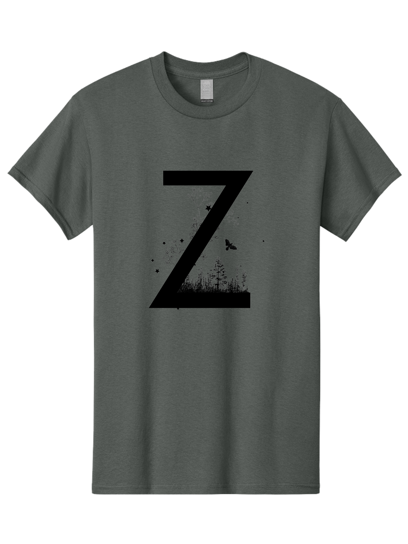 Z Men'S Graphic Tee, 100% Cotton, Comfortable Casual Summer Wear, Machine Washable, Black Letter Z, Forest Silhouettes, Flying Butterfly, Floral Elements, Stars, Nature-Inspired Design, Typography Art Aac367