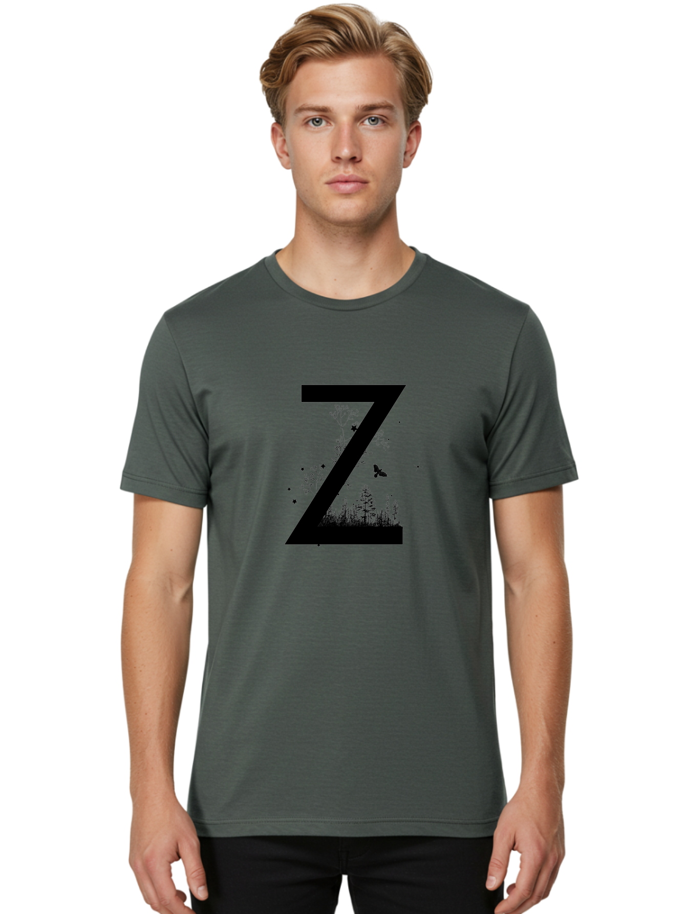 Z Men'S Graphic Tee, 100% Cotton, Comfortable Casual Summer Wear, Machine Washable, Black Letter Z, Forest Silhouettes, Flying Butterfly, Floral Elements, Stars, Nature-Inspired Design, Typography Art Aac367