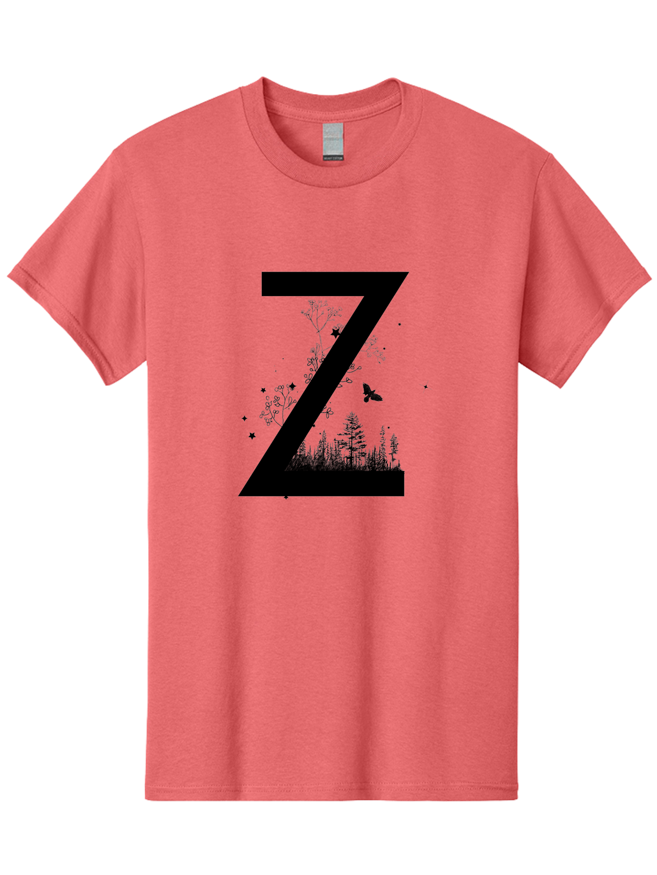 Z Men'S Graphic Tee, 100% Cotton, Comfortable Casual Summer Wear, Machine Washable, Black Letter Z, Forest Silhouettes, Flying Butterfly, Floral Elements, Stars, Nature-Inspired Design, Typography Art Aac367