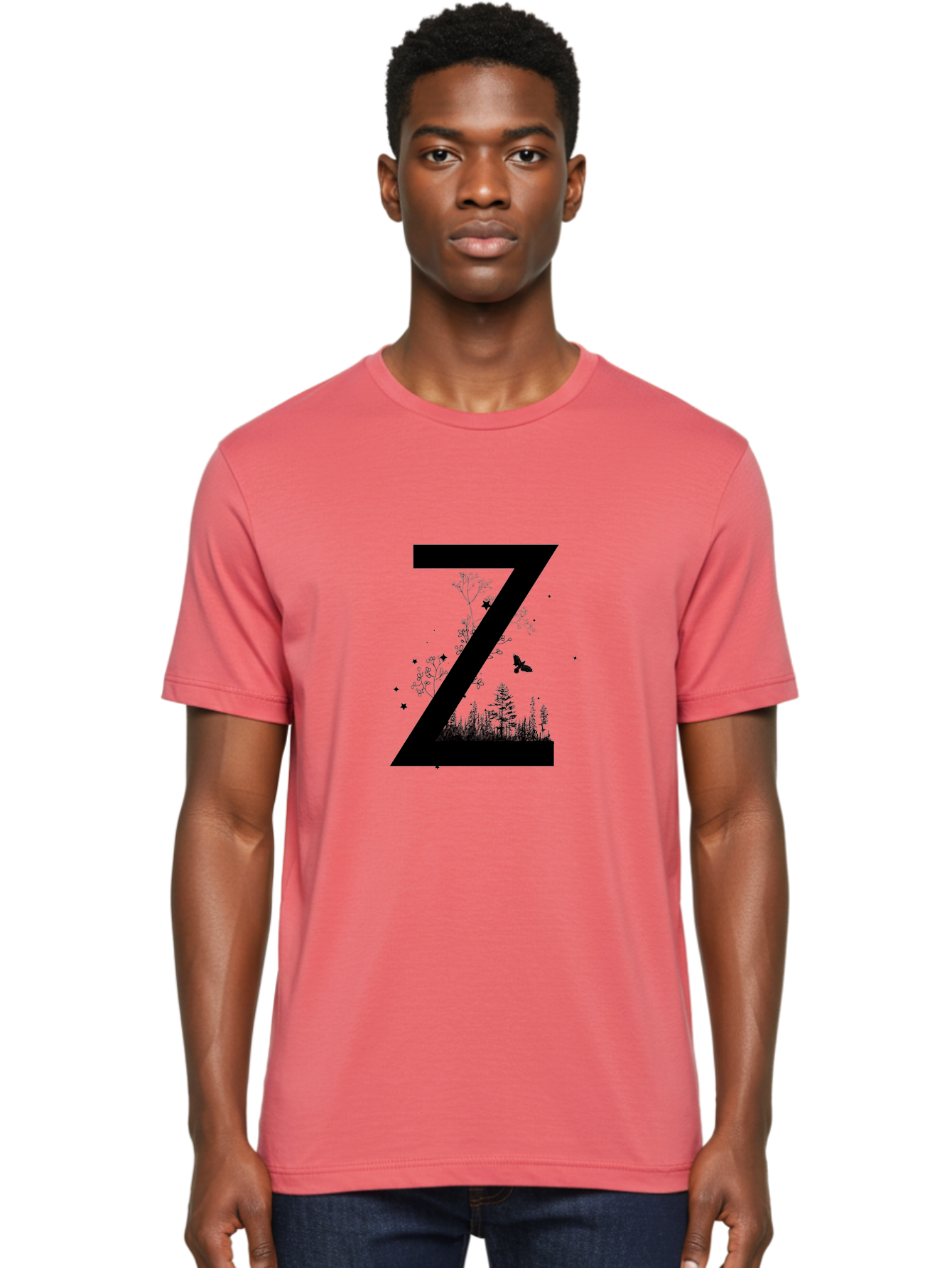 Z Men'S Graphic Tee, 100% Cotton, Comfortable Casual Summer Wear, Machine Washable, Black Letter Z, Forest Silhouettes, Flying Butterfly, Floral Elements, Stars, Nature-Inspired Design, Typography Art Aac367