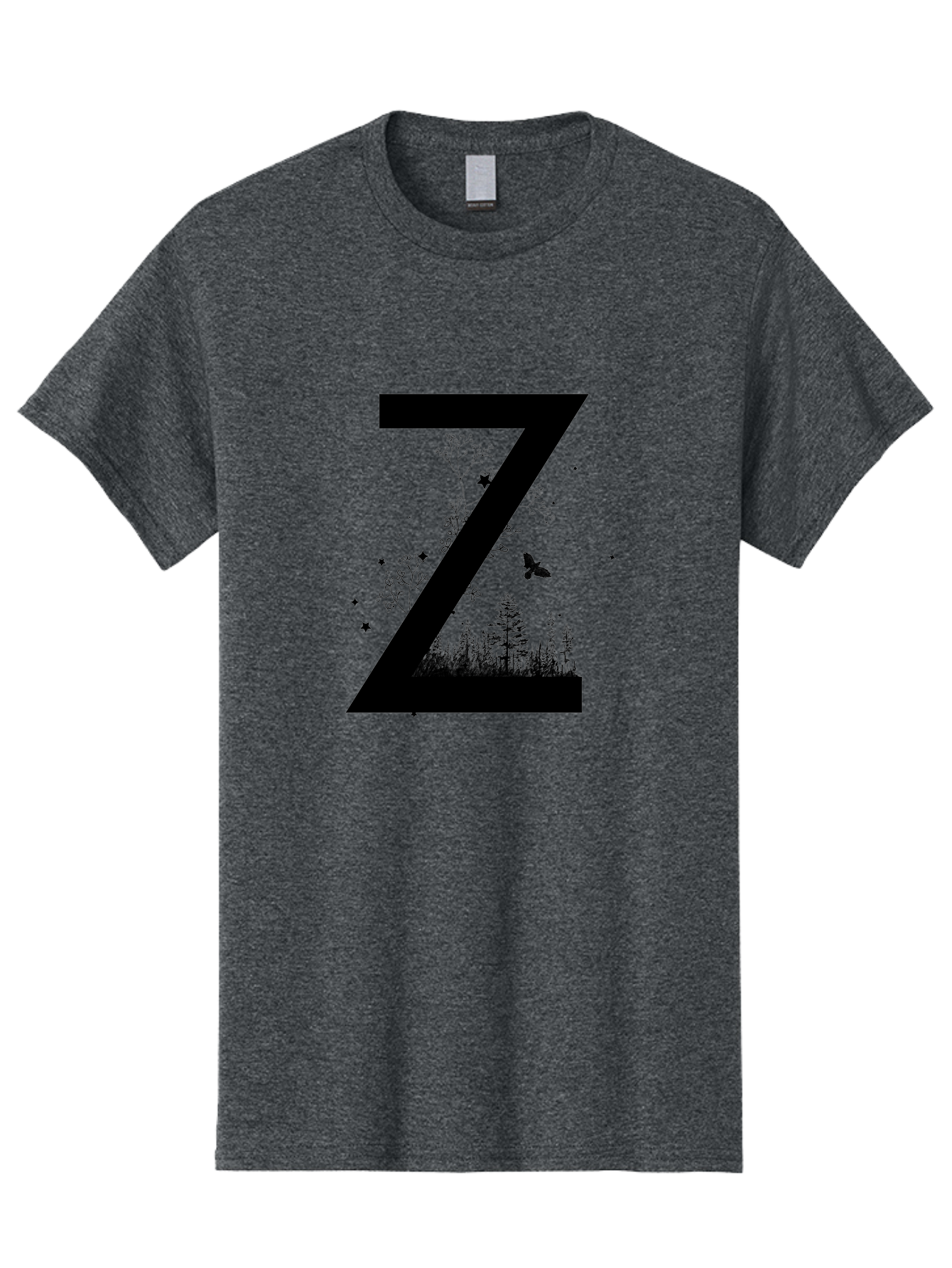 Z Men'S Graphic Tee, 100% Cotton, Comfortable Casual Summer Wear, Machine Washable, Black Letter Z, Forest Silhouettes, Flying Butterfly, Floral Elements, Stars, Nature-Inspired Design, Typography Art Aac367