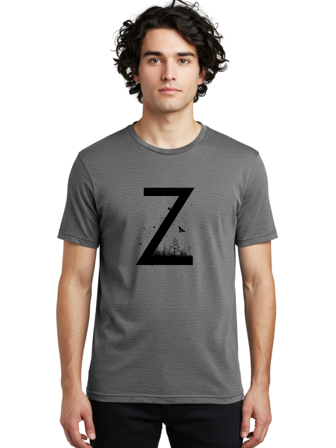 Z Men'S Graphic Tee, 100% Cotton, Comfortable Casual Summer Wear, Machine Washable, Black Letter Z, Forest Silhouettes, Flying Butterfly, Floral Elements, Stars, Nature-Inspired Design, Typography Art Aac367