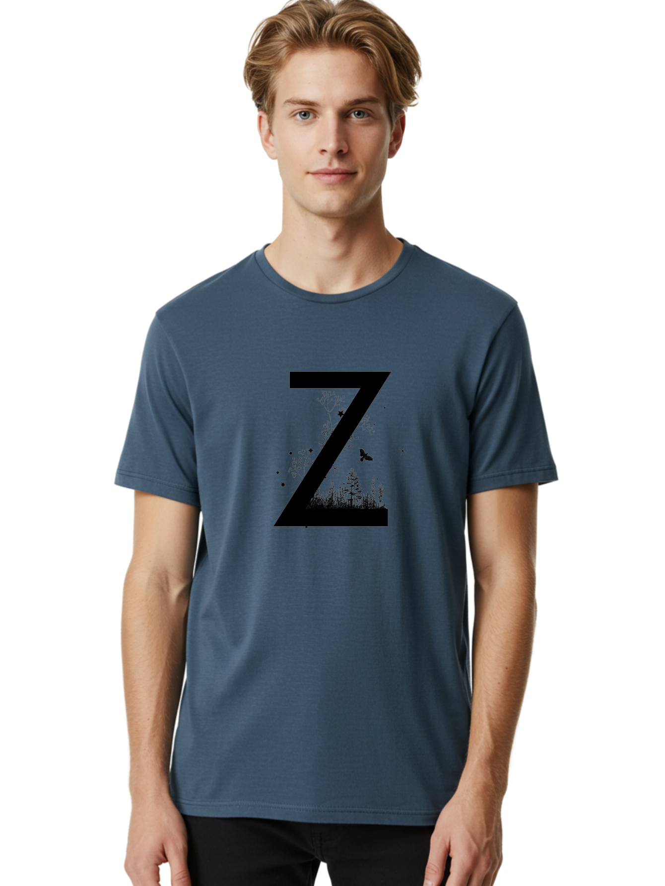 Z Men'S Graphic Tee, 100% Cotton, Comfortable Casual Summer Wear, Machine Washable, Black Letter Z, Forest Silhouettes, Flying Butterfly, Floral Elements, Stars, Nature-Inspired Design, Typography Art Aac367