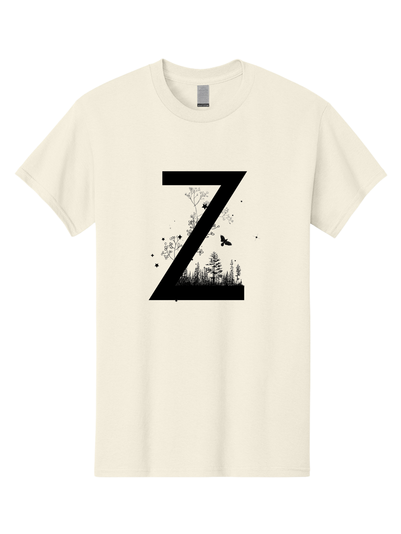 Z Men'S Graphic Tee, 100% Cotton, Comfortable Casual Summer Wear, Machine Washable, Black Letter Z, Forest Silhouettes, Flying Butterfly, Floral Elements, Stars, Nature-Inspired Design, Typography Art Aac367