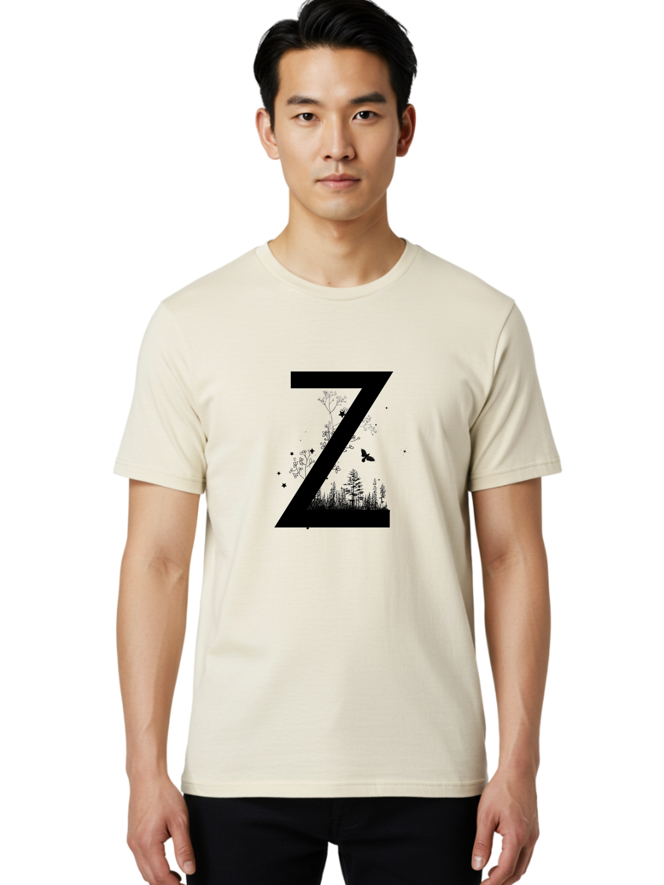 Z Men'S Graphic Tee, 100% Cotton, Comfortable Casual Summer Wear, Machine Washable, Black Letter Z, Forest Silhouettes, Flying Butterfly, Floral Elements, Stars, Nature-Inspired Design, Typography Art Aac367