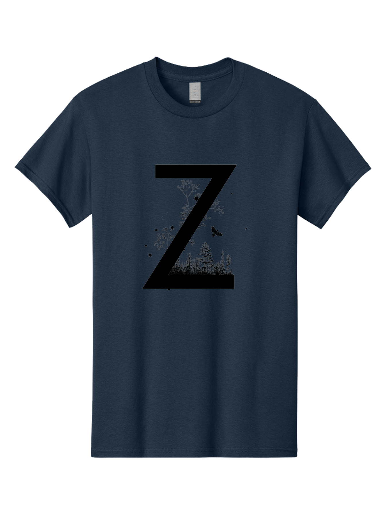 Z Men'S Graphic Tee, 100% Cotton, Comfortable Casual Summer Wear, Machine Washable, Black Letter Z, Forest Silhouettes, Flying Butterfly, Floral Elements, Stars, Nature-Inspired Design, Typography Art Aac367