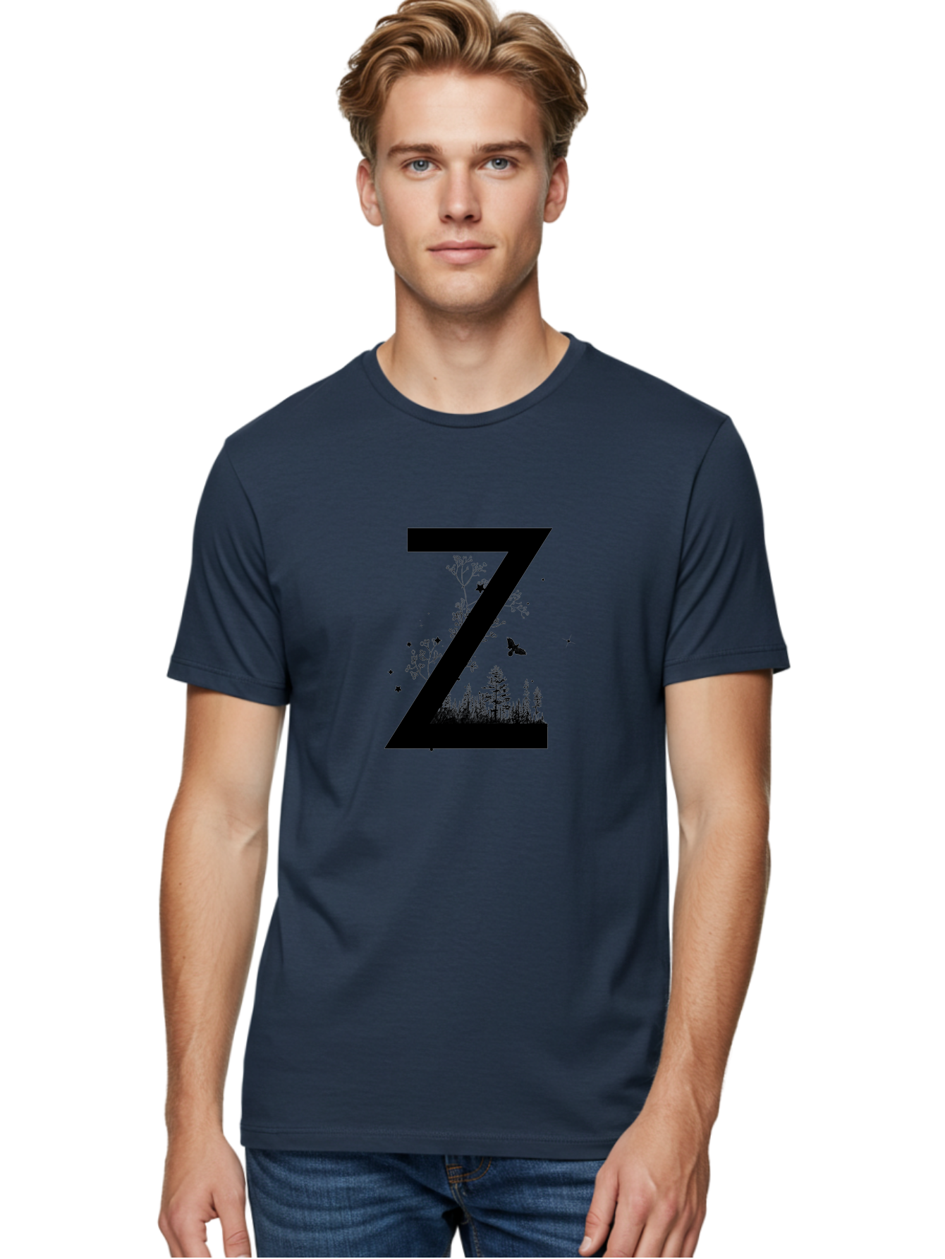 Z Men'S Graphic Tee, 100% Cotton, Comfortable Casual Summer Wear, Machine Washable, Black Letter Z, Forest Silhouettes, Flying Butterfly, Floral Elements, Stars, Nature-Inspired Design, Typography Art Aac367