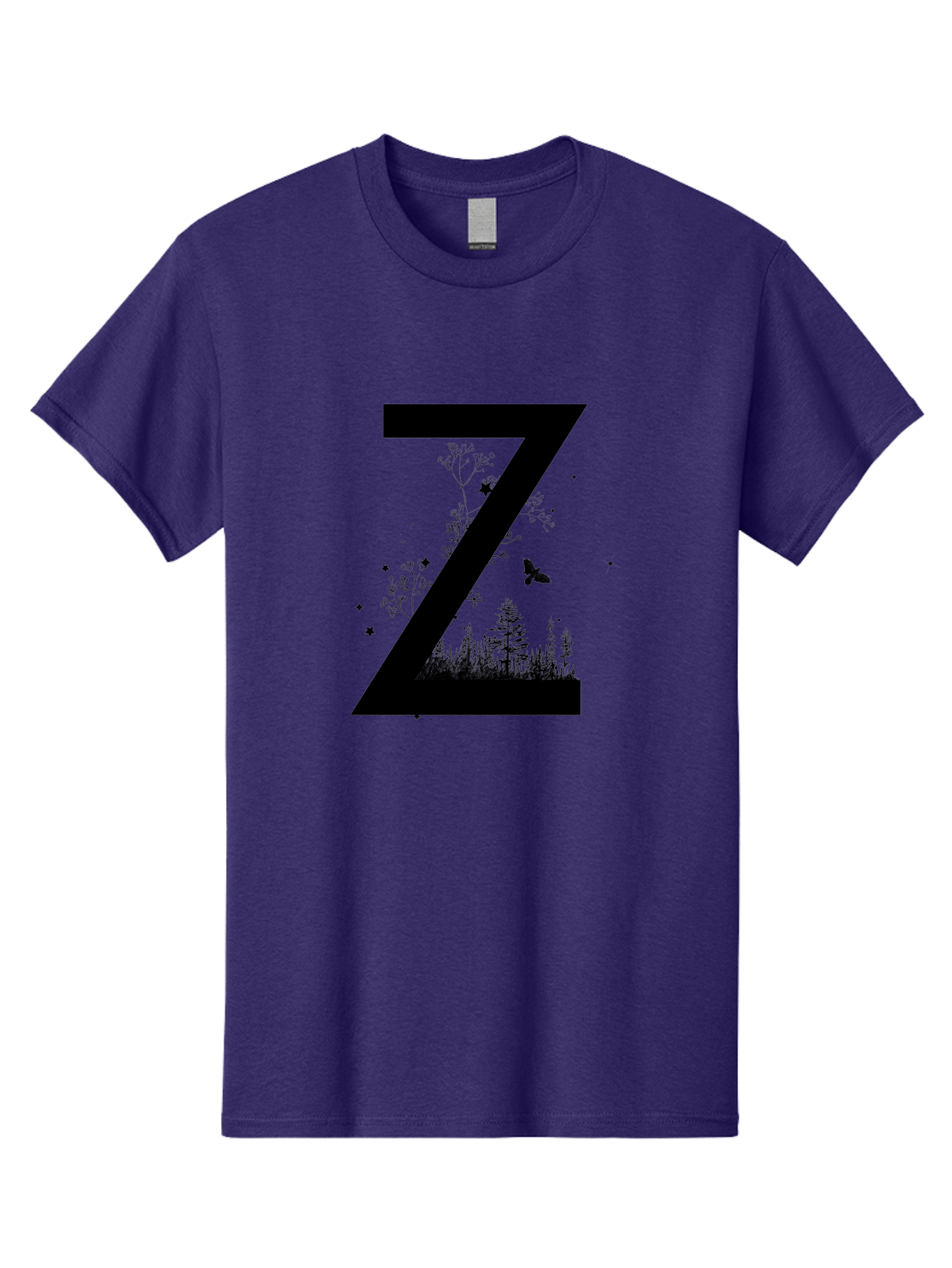 Z Men'S Graphic Tee, 100% Cotton, Comfortable Casual Summer Wear, Machine Washable, Black Letter Z, Forest Silhouettes, Flying Butterfly, Floral Elements, Stars, Nature-Inspired Design, Typography Art Aac367