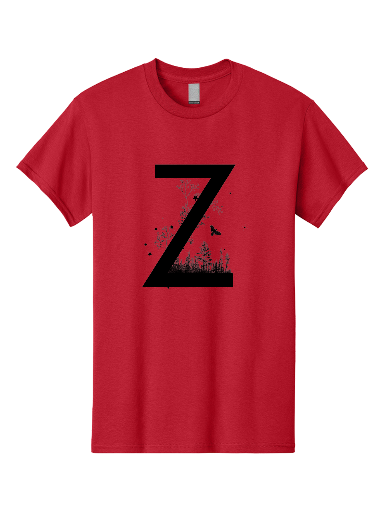Z Men'S Graphic Tee, 100% Cotton, Comfortable Casual Summer Wear, Machine Washable, Black Letter Z, Forest Silhouettes, Flying Butterfly, Floral Elements, Stars, Nature-Inspired Design, Typography Art Aac367