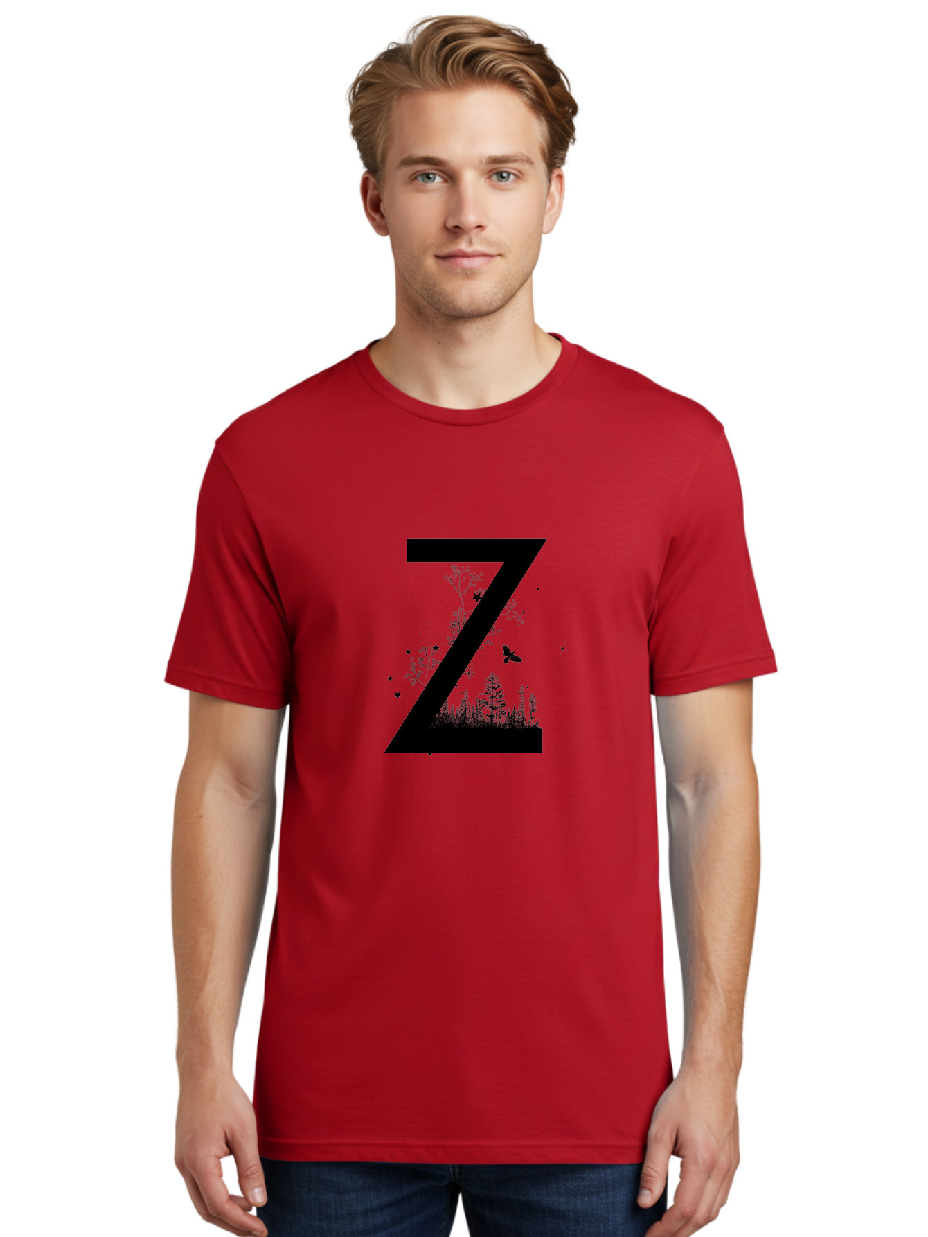 Z Men'S Graphic Tee, 100% Cotton, Comfortable Casual Summer Wear, Machine Washable, Black Letter Z, Forest Silhouettes, Flying Butterfly, Floral Elements, Stars, Nature-Inspired Design, Typography Art Aac367