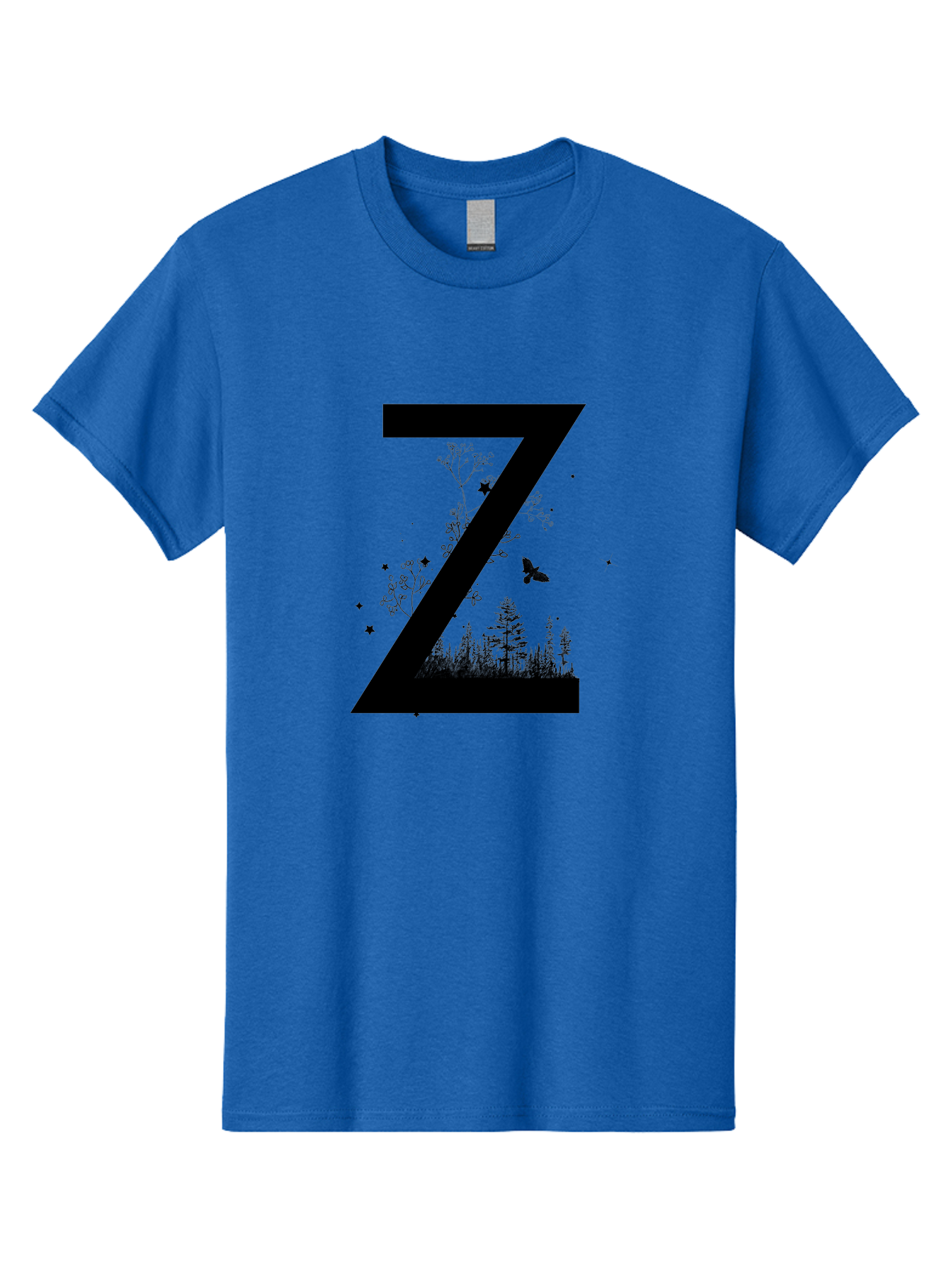 Z Men'S Graphic Tee, 100% Cotton, Comfortable Casual Summer Wear, Machine Washable, Black Letter Z, Forest Silhouettes, Flying Butterfly, Floral Elements, Stars, Nature-Inspired Design, Typography Art Aac367
