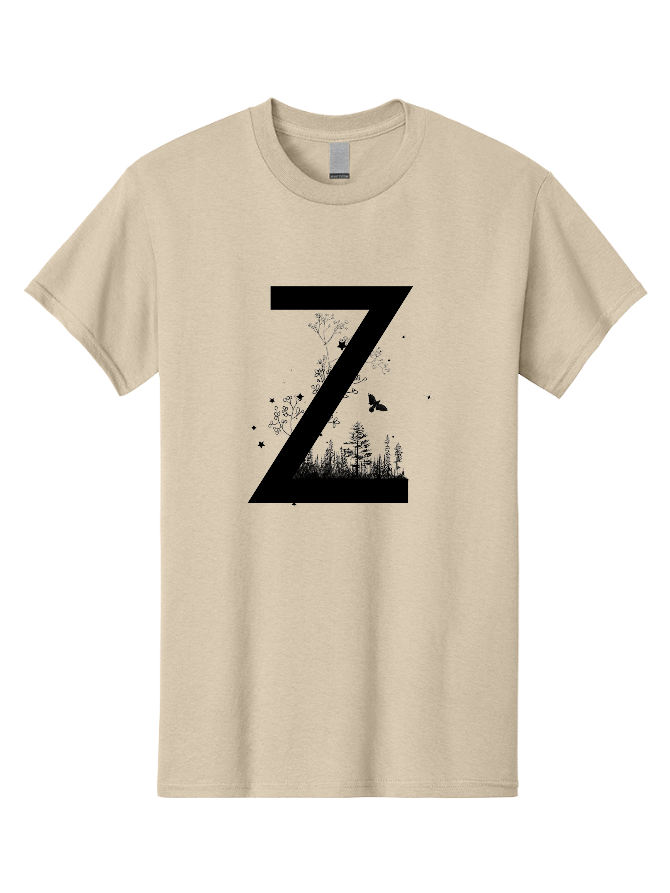 Z Men'S Graphic Tee, 100% Cotton, Comfortable Casual Summer Wear, Machine Washable, Black Letter Z, Forest Silhouettes, Flying Butterfly, Floral Elements, Stars, Nature-Inspired Design, Typography Art Aac367