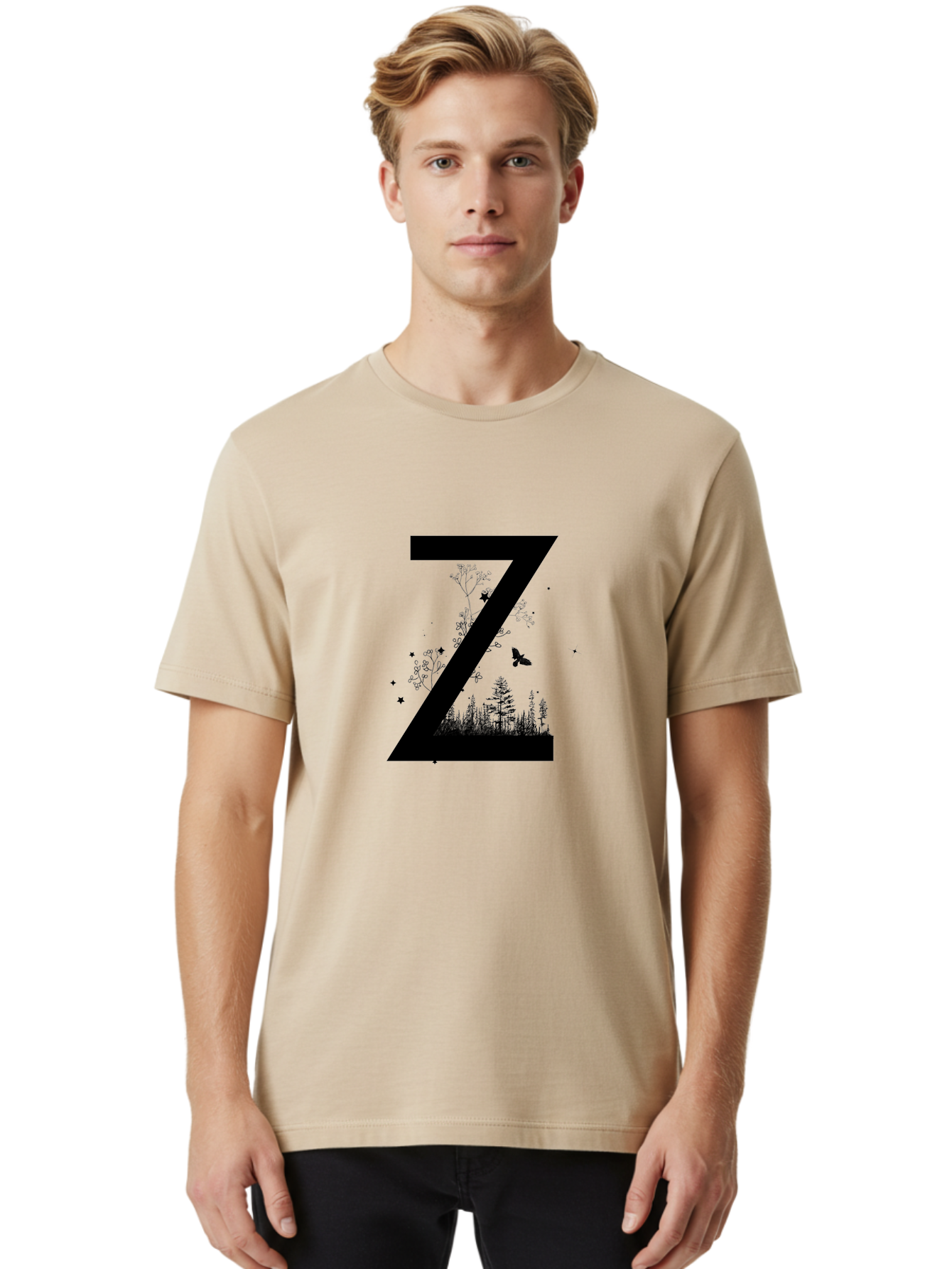 Z Men'S Graphic Tee, 100% Cotton, Comfortable Casual Summer Wear, Machine Washable, Black Letter Z, Forest Silhouettes, Flying Butterfly, Floral Elements, Stars, Nature-Inspired Design, Typography Art Aac367