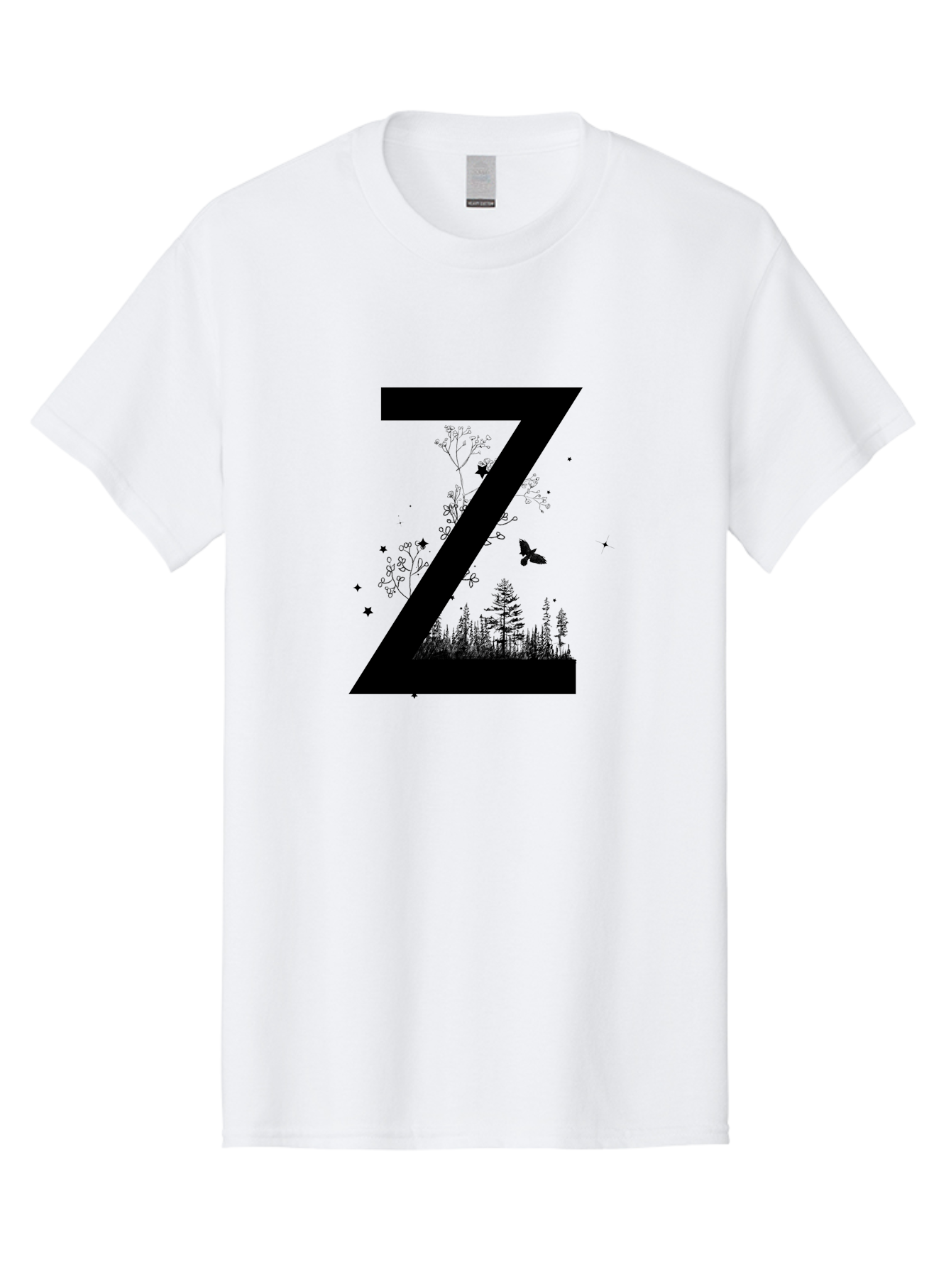 Z Men'S Graphic Tee, 100% Cotton, Comfortable Casual Summer Wear, Machine Washable, Black Letter Z, Forest Silhouettes, Flying Butterfly, Floral Elements, Stars, Nature-Inspired Design, Typography Art Aac367