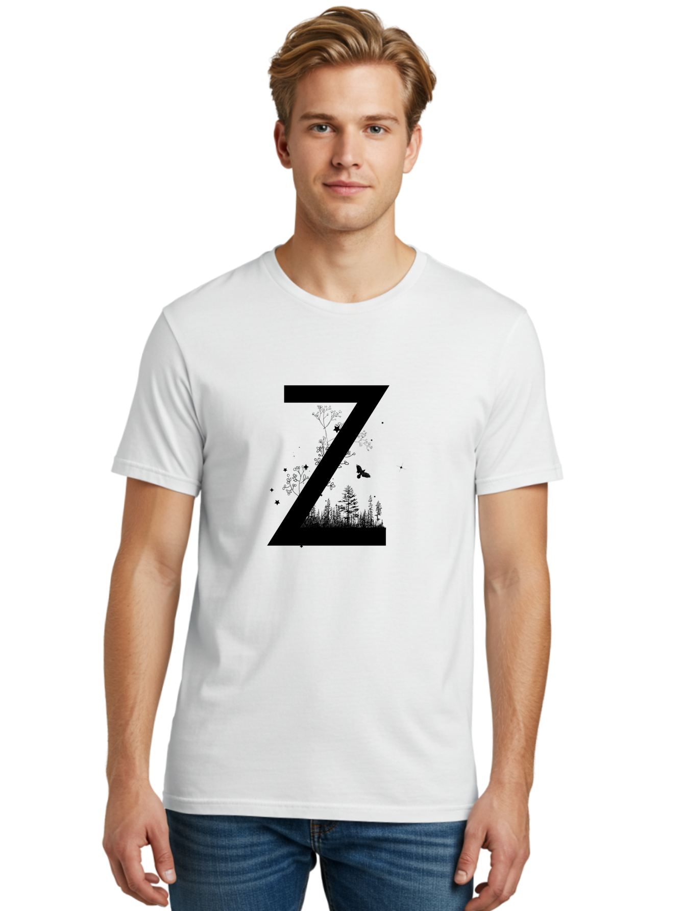 Z Men'S Graphic Tee, 100% Cotton, Comfortable Casual Summer Wear, Machine Washable, Black Letter Z, Forest Silhouettes, Flying Butterfly, Floral Elements, Stars, Nature-Inspired Design, Typography Art Aac367