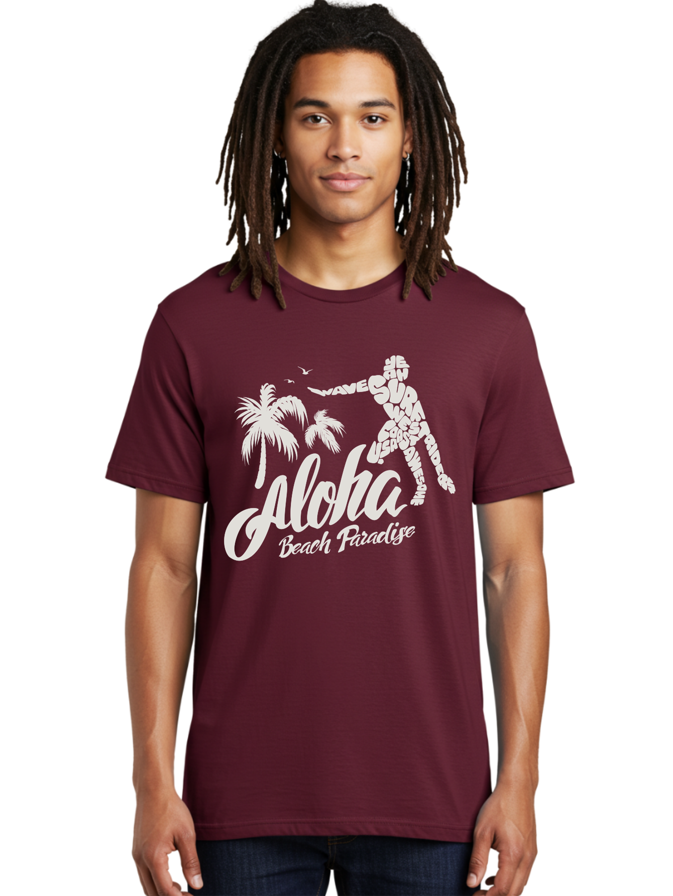 Aloha-Beach-Paradise Men'S Graphic Tee, 100% Cotton, Comfortable Casual Summer Wear, Machine Washable, Surfer Silhouette, Tropical Getaway, Beach Vacation, Surfing Culture, Wave Riding, Aloha Spirit, Island Vibes, Palm Trees, Beach Paradise, Aac368