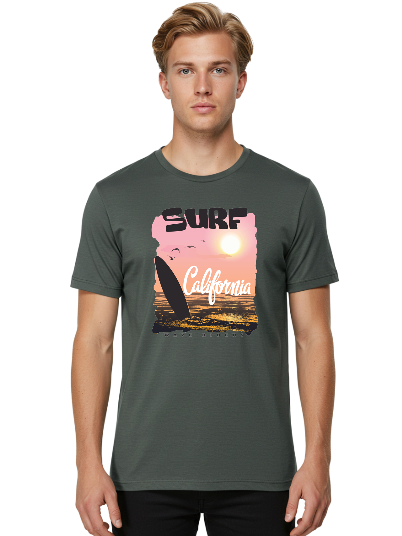 Surf-California Men'S Graphic Tee, 100% Cotton, Comfortable Casual Summer Wear, Machine Washable, Surfing In California, Wave Riders, Beach Life, Surfers Paradise, Coastal Scenery, Sunset Over The Ocean, Seagulls Flying, Aac372