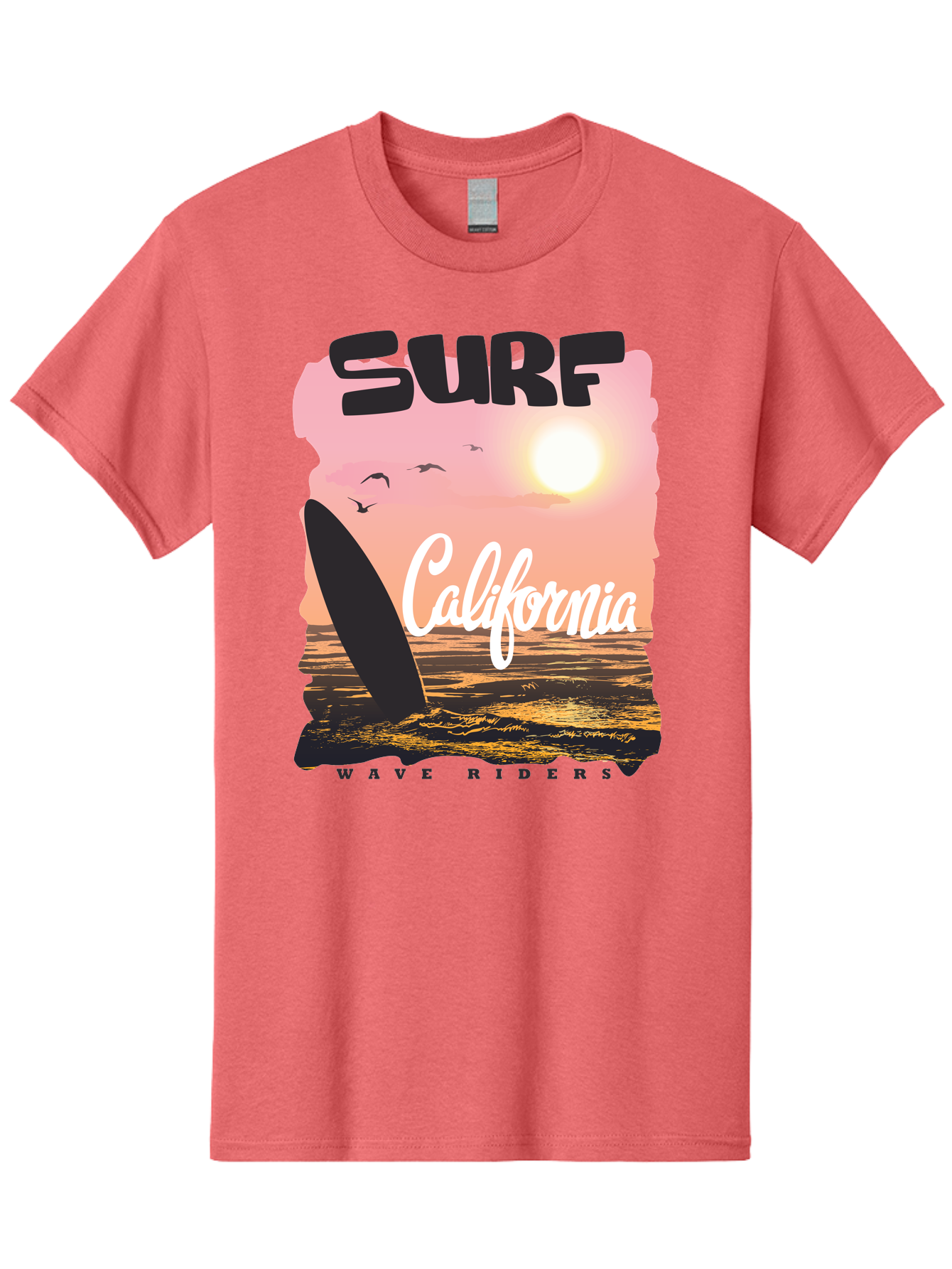 Surf-California Men'S Graphic Tee, 100% Cotton, Comfortable Casual Summer Wear, Machine Washable, Surfing In California, Wave Riders, Beach Life, Surfers Paradise, Coastal Scenery, Sunset Over The Ocean, Seagulls Flying, Aac372