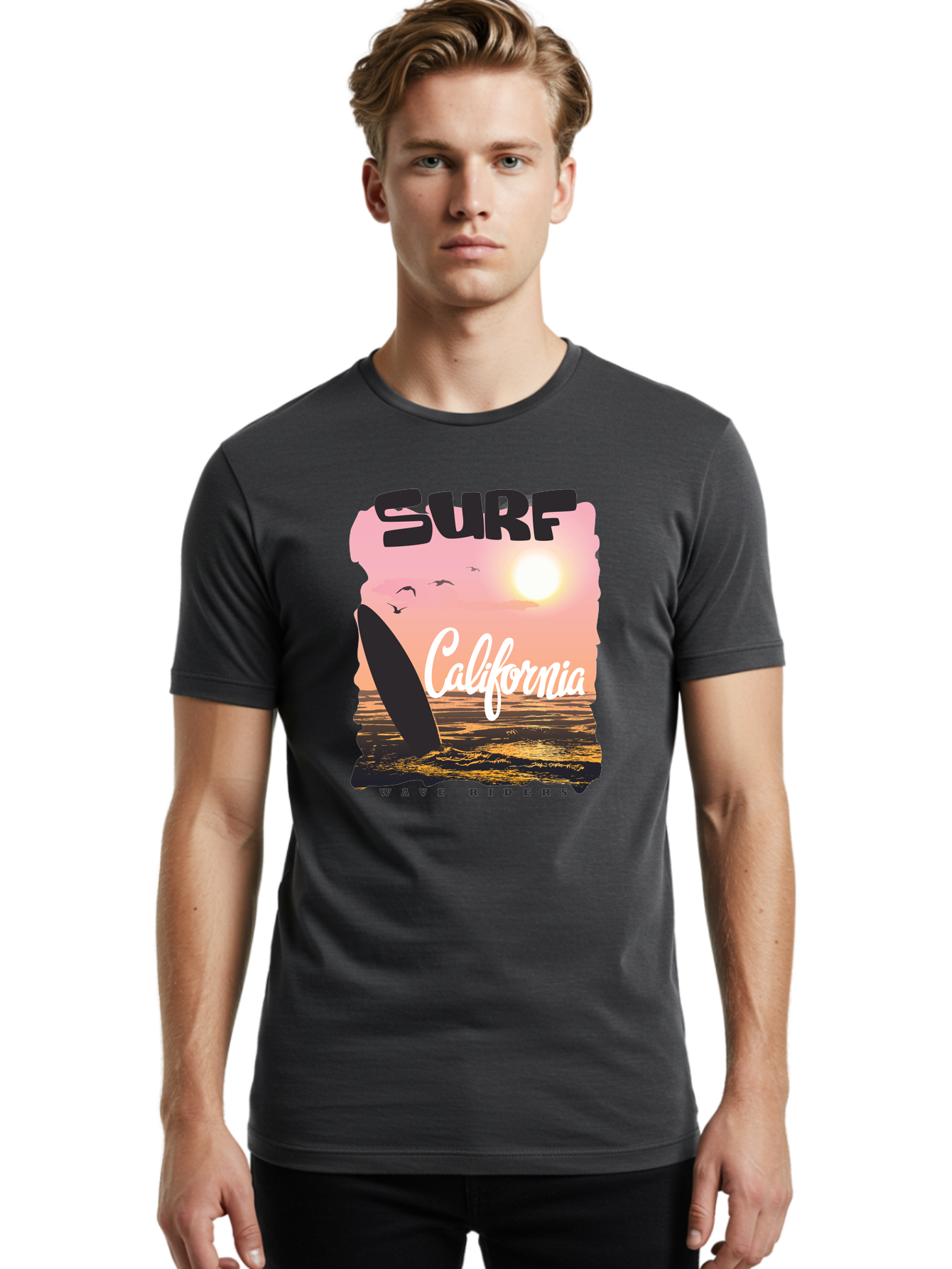 Surf-California Men'S Graphic Tee, 100% Cotton, Comfortable Casual Summer Wear, Machine Washable, Surfing In California, Wave Riders, Beach Life, Surfers Paradise, Coastal Scenery, Sunset Over The Ocean, Seagulls Flying, Aac372