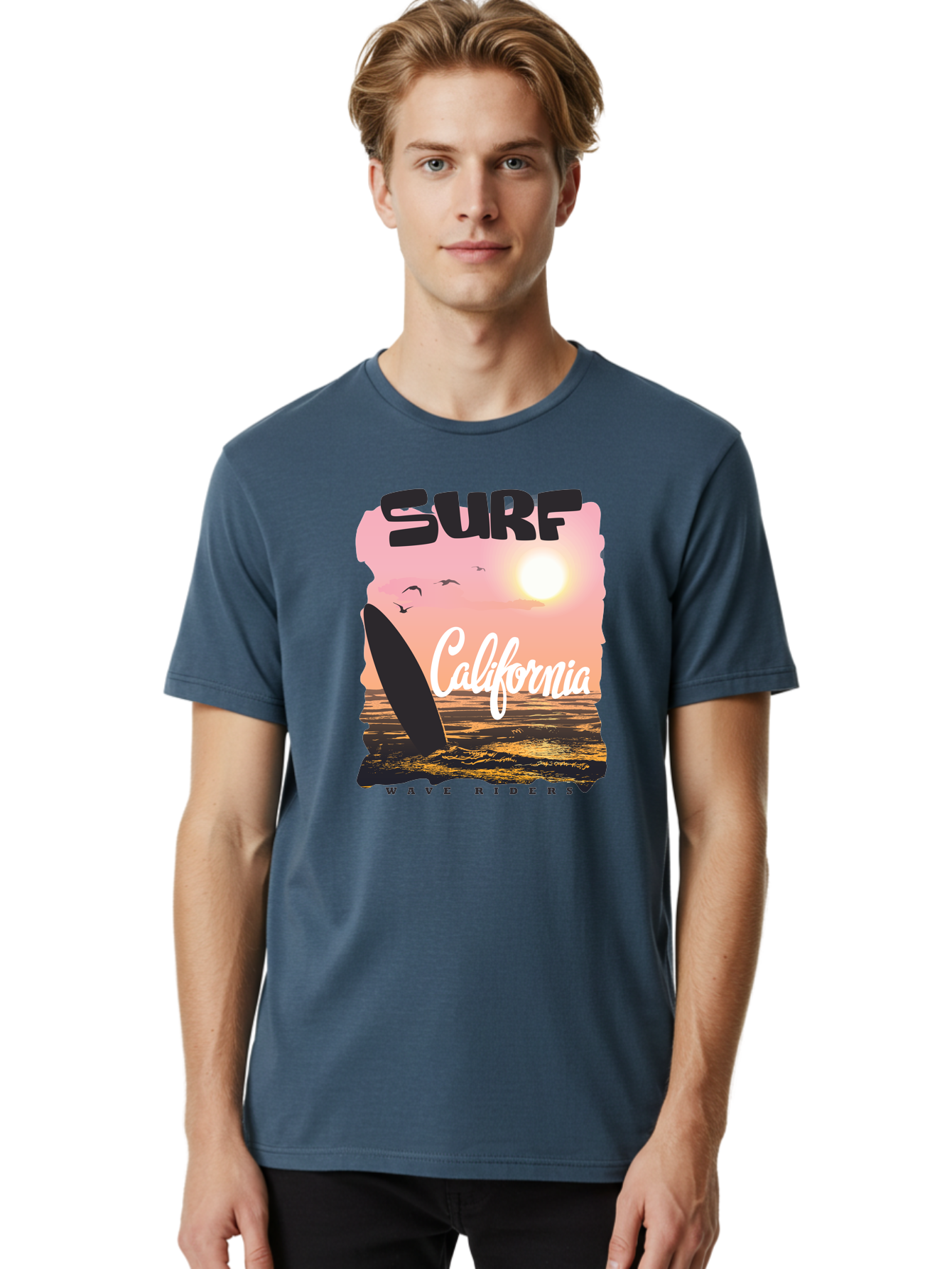 Surf-California Men'S Graphic Tee, 100% Cotton, Comfortable Casual Summer Wear, Machine Washable, Surfing In California, Wave Riders, Beach Life, Surfers Paradise, Coastal Scenery, Sunset Over The Ocean, Seagulls Flying, Aac372