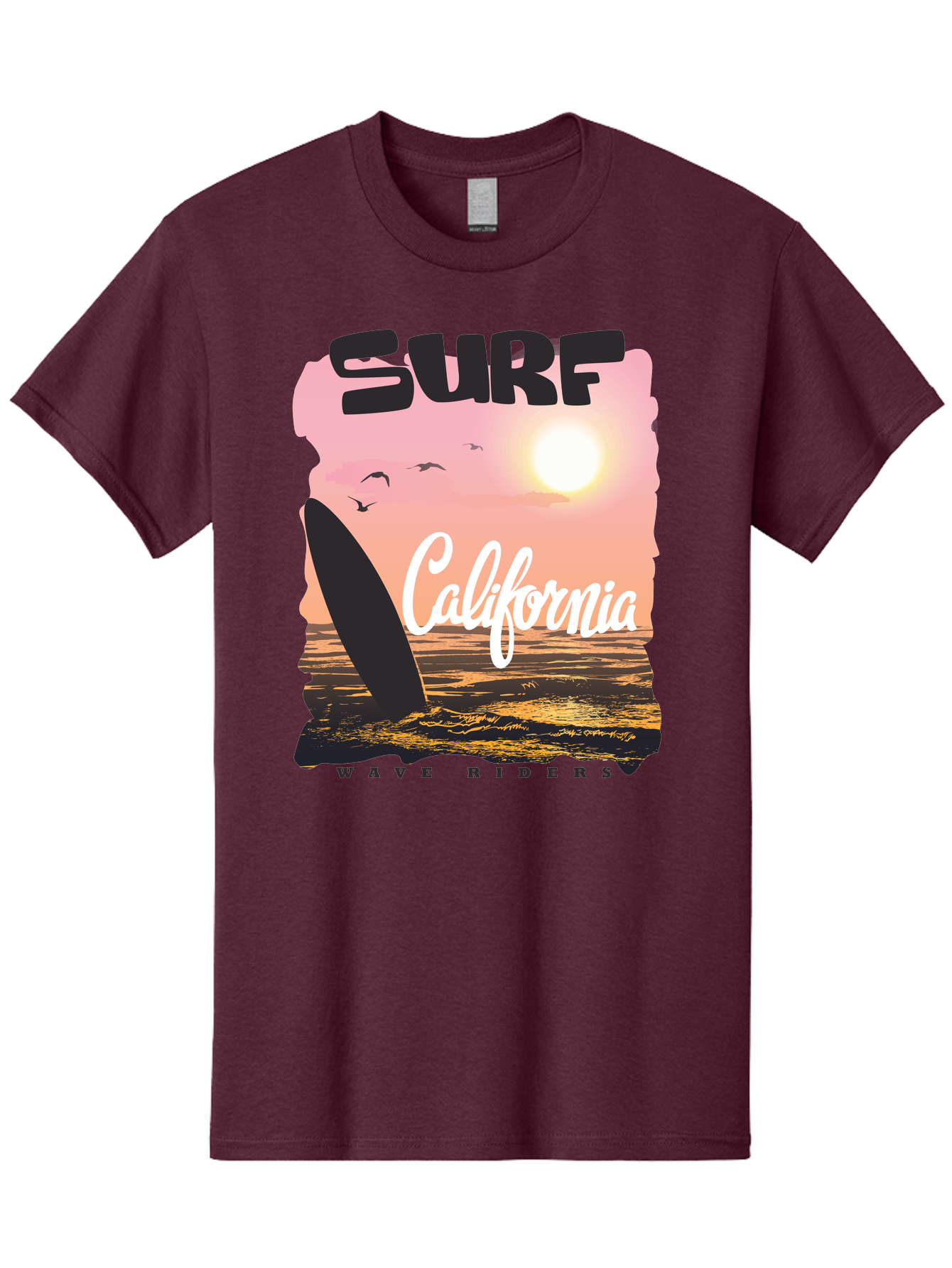 Surf-California Men'S Graphic Tee, 100% Cotton, Comfortable Casual Summer Wear, Machine Washable, Surfing In California, Wave Riders, Beach Life, Surfers Paradise, Coastal Scenery, Sunset Over The Ocean, Seagulls Flying, Aac372