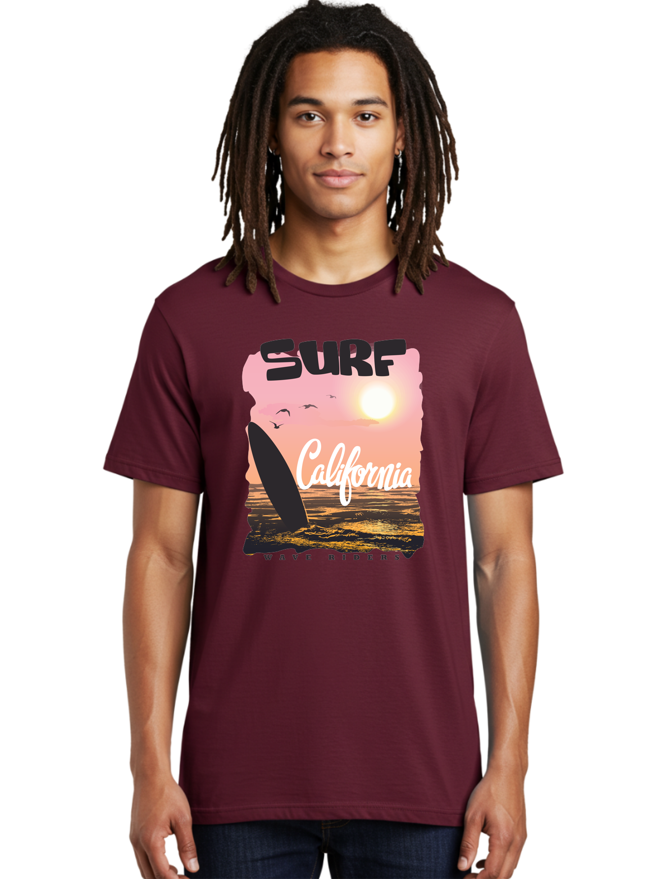 Surf-California Men'S Graphic Tee, 100% Cotton, Comfortable Casual Summer Wear, Machine Washable, Surfing In California, Wave Riders, Beach Life, Surfers Paradise, Coastal Scenery, Sunset Over The Ocean, Seagulls Flying, Aac372