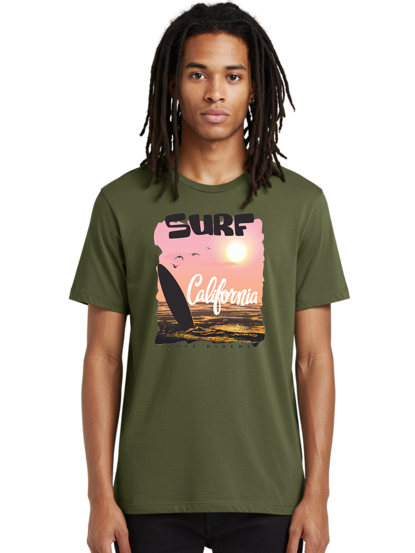 Surf-California Men'S Graphic Tee, 100% Cotton, Comfortable Casual Summer Wear, Machine Washable, Surfing In California, Wave Riders, Beach Life, Surfers Paradise, Coastal Scenery, Sunset Over The Ocean, Seagulls Flying, Aac372